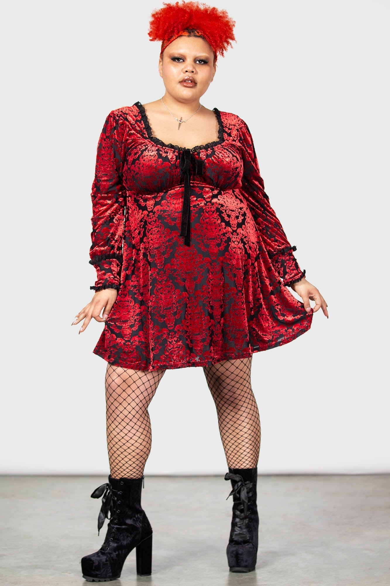 Killstar Sitri Velvet Long Sleeve Dress with Bow Detail