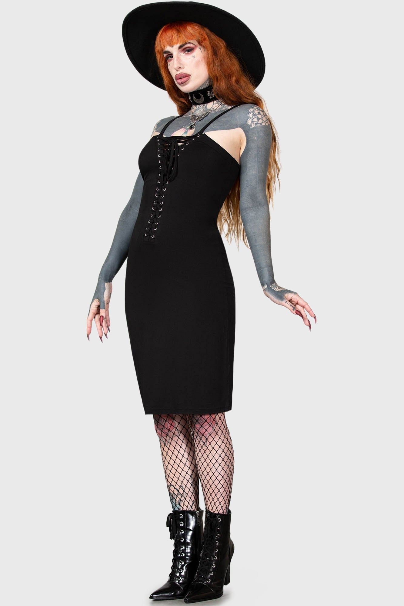 Killstar Reaping Hour Lace-Up Slip Dress - Midi Bodycon