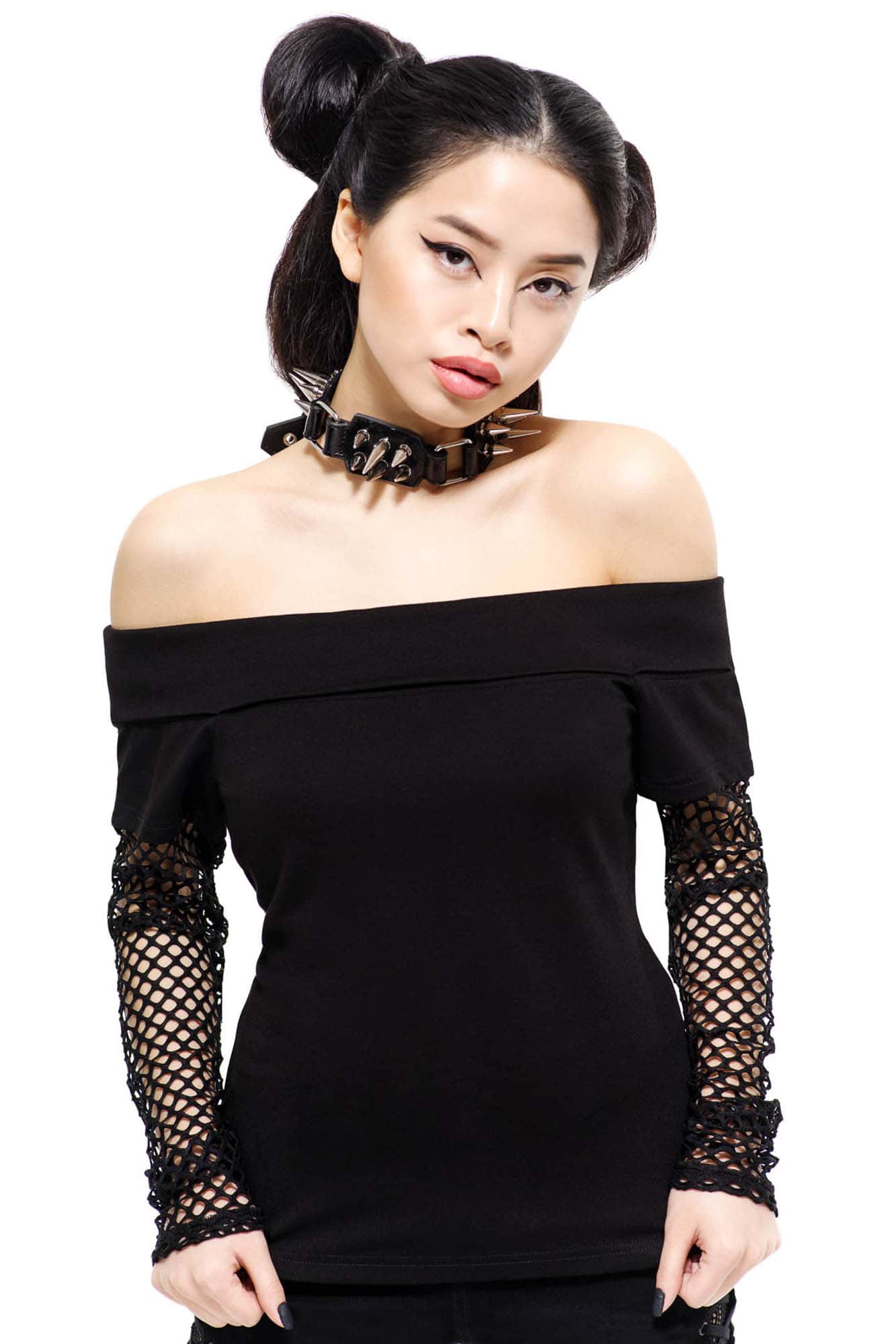 Killstar Rebelle Fishnet Bardot Top - Gothic Long Sleeve Jersey