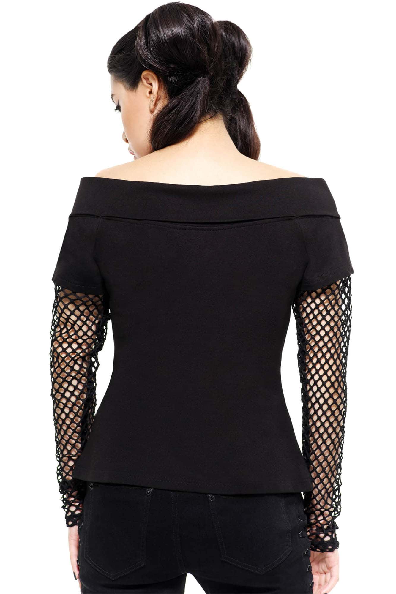 Killstar Rebelle Fishnet Bardot Top - Gothic Long Sleeve Jersey