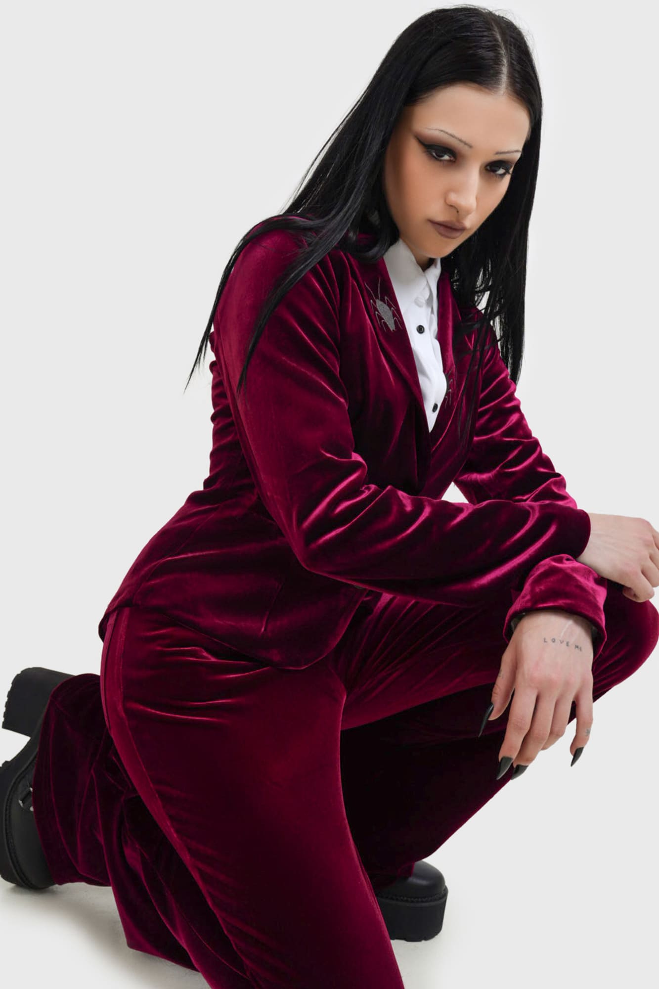 Beetlejuice Velvet Flares with Embroidered Bugs & Chain - KILLSTAR