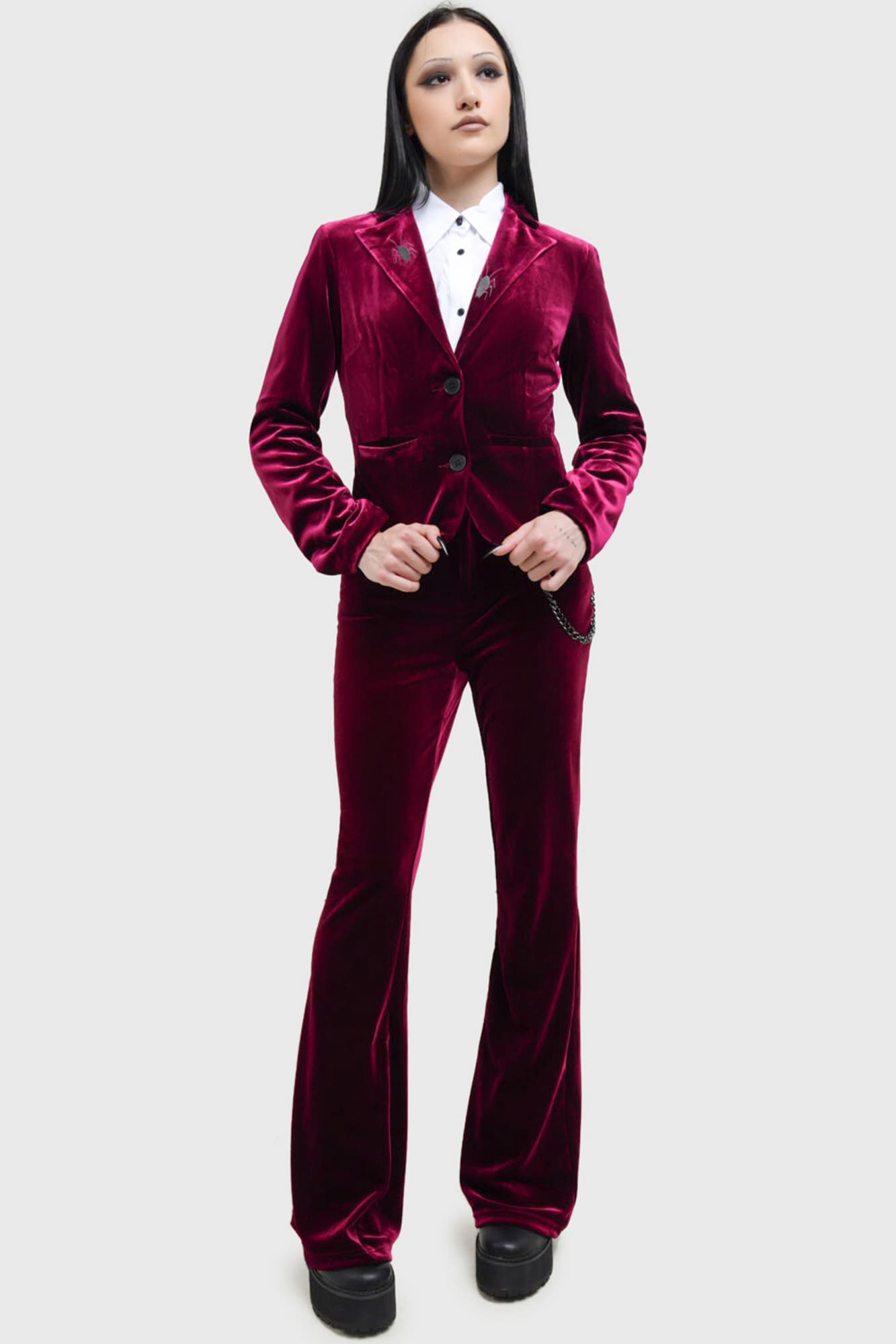 Beetlejuice Velvet Flares with Embroidered Bugs & Chain - KILLSTAR