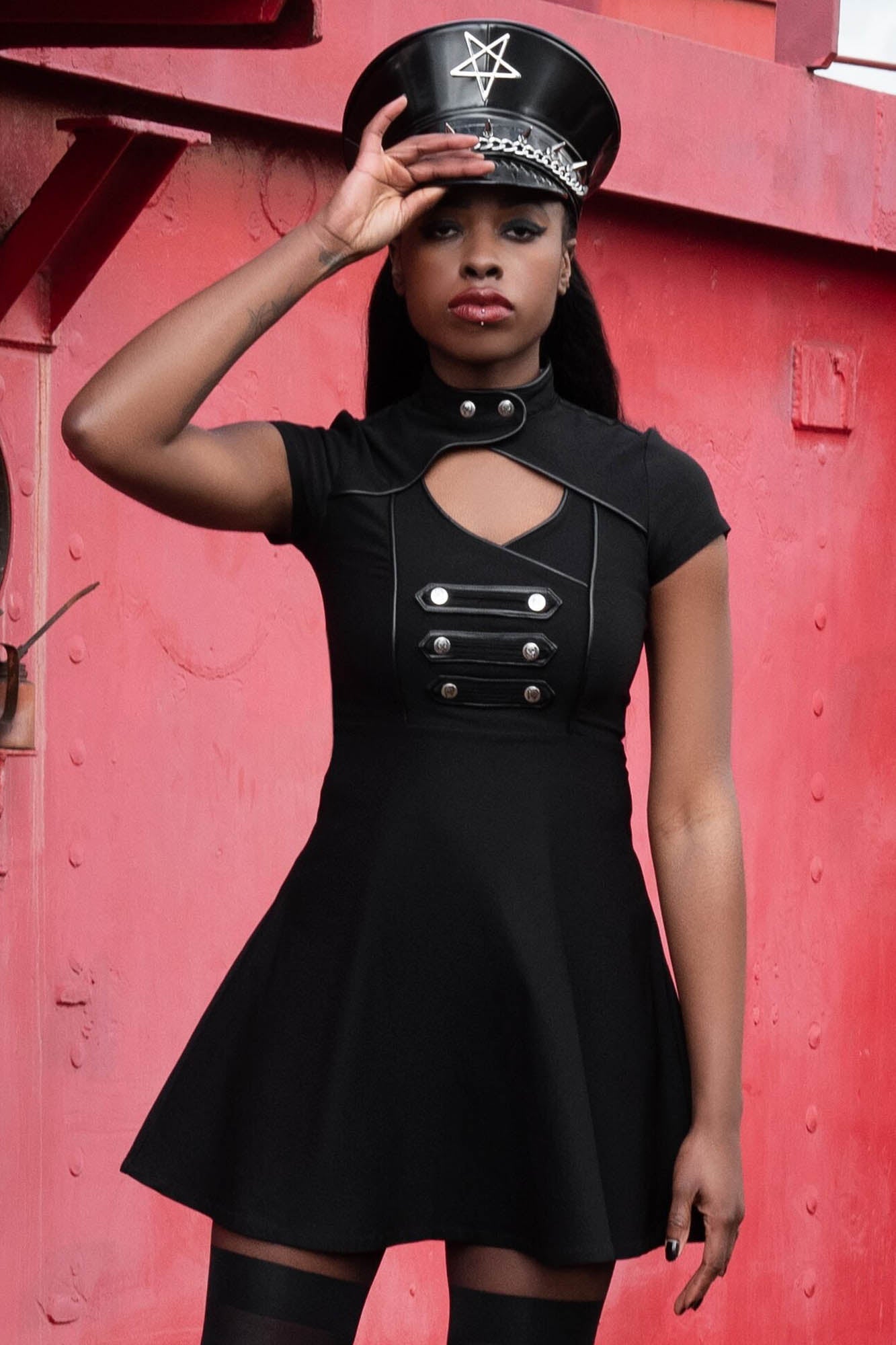 Killstar Regiment Skater Dress - Gothic Stretch Fit with Keyhole Detail