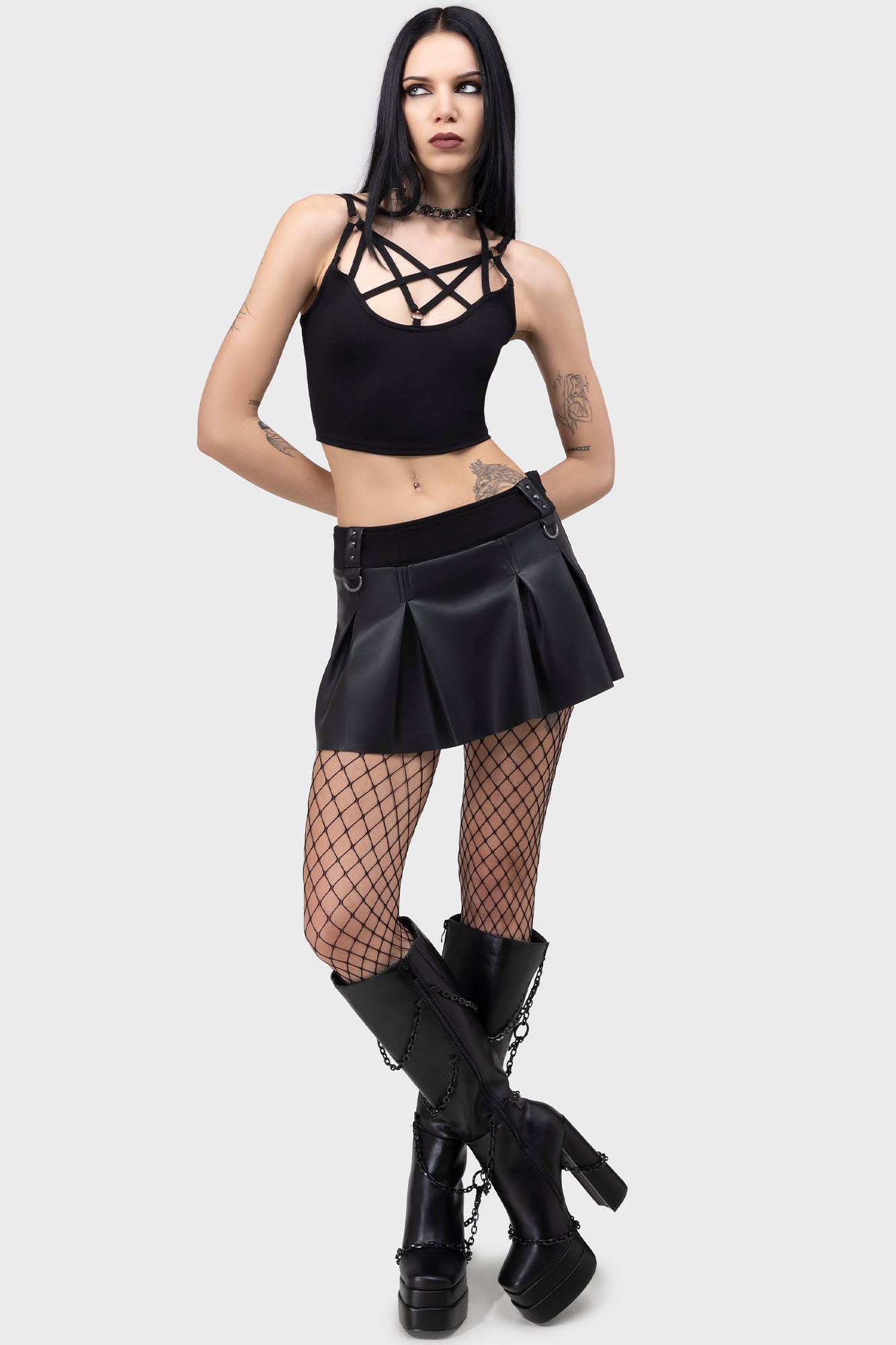 KILLSTAR Riot Doll Pleated PU Mini Skirt with Attached Shorts