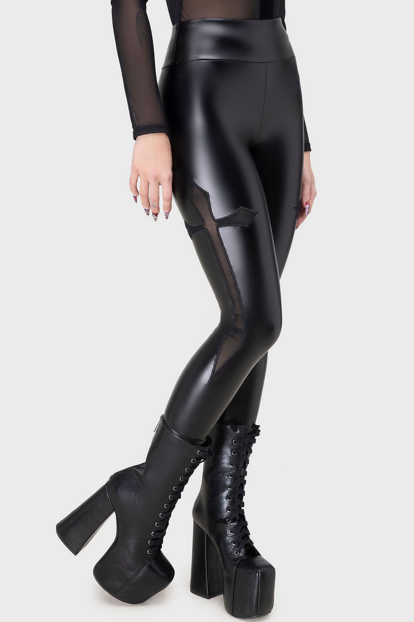 KILLSTAR Rites and Rituals PU Leggings with Mesh Crucifix Detail