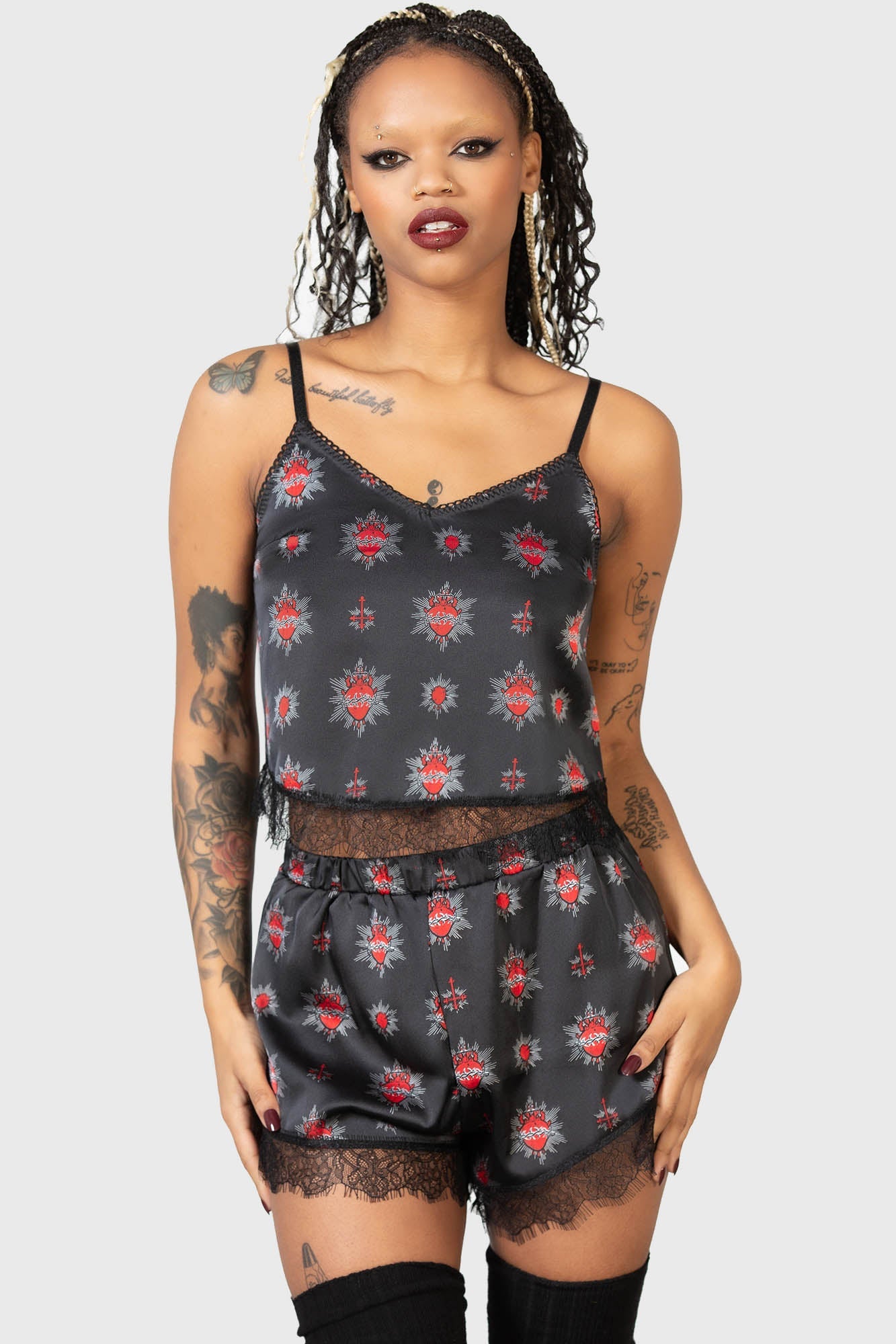 Killstar Rosalind Satin Cami Top with Lace Trim & Sacred Heart Design