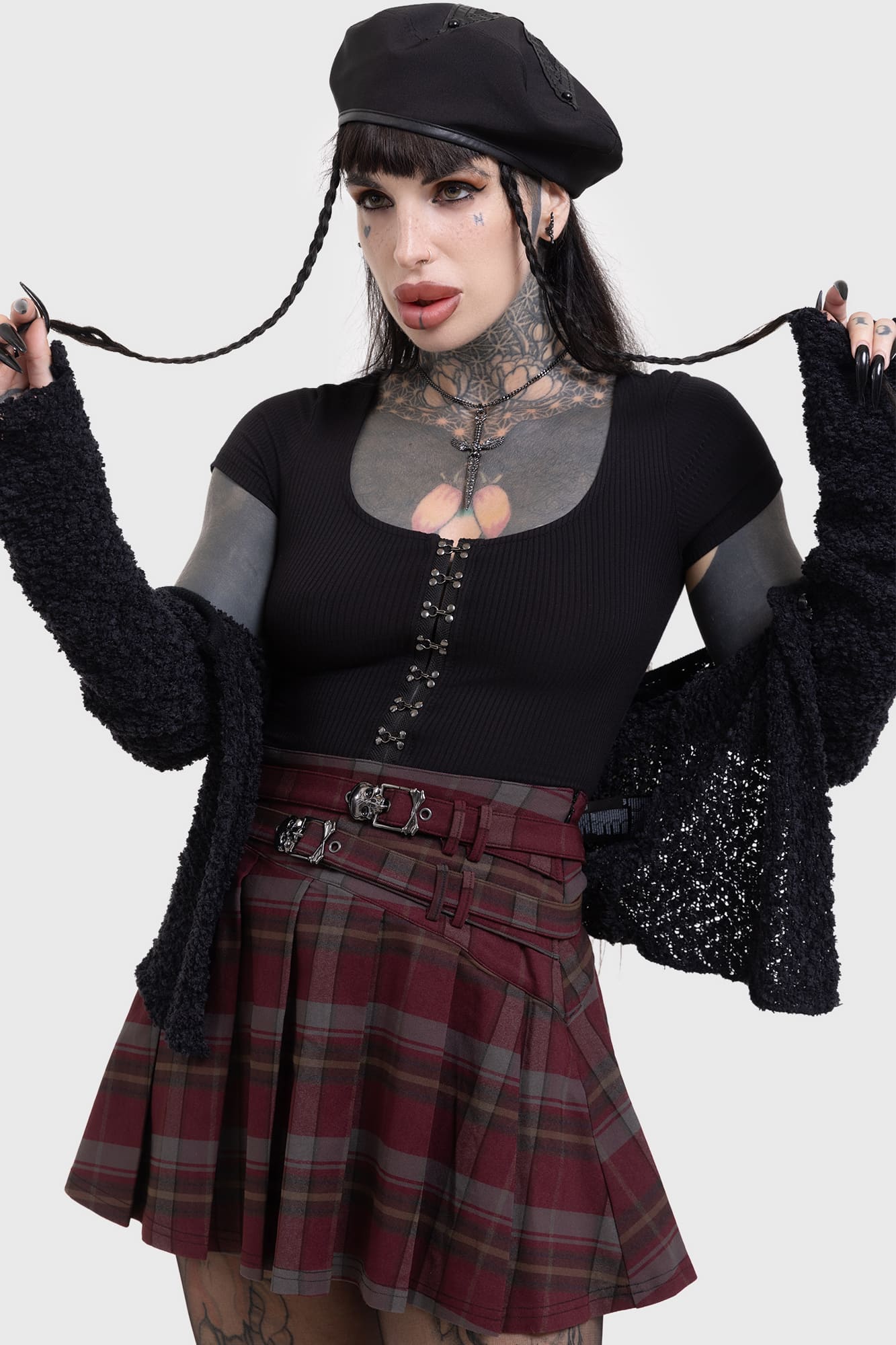 Killstar Sable Riot Pleated Mini Skirt with Skull Buckles