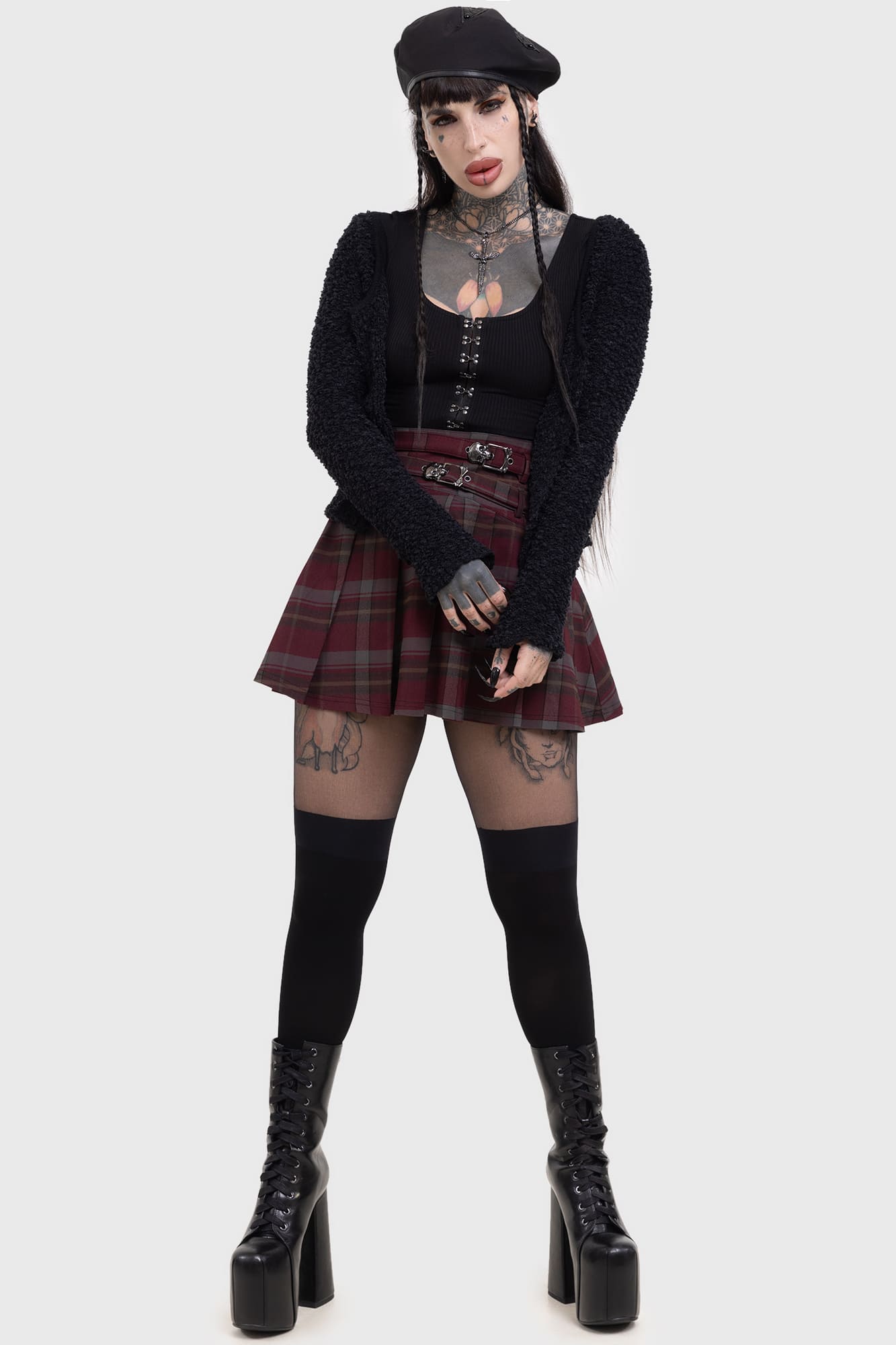 Killstar Sable Riot Pleated Mini Skirt with Skull Buckles