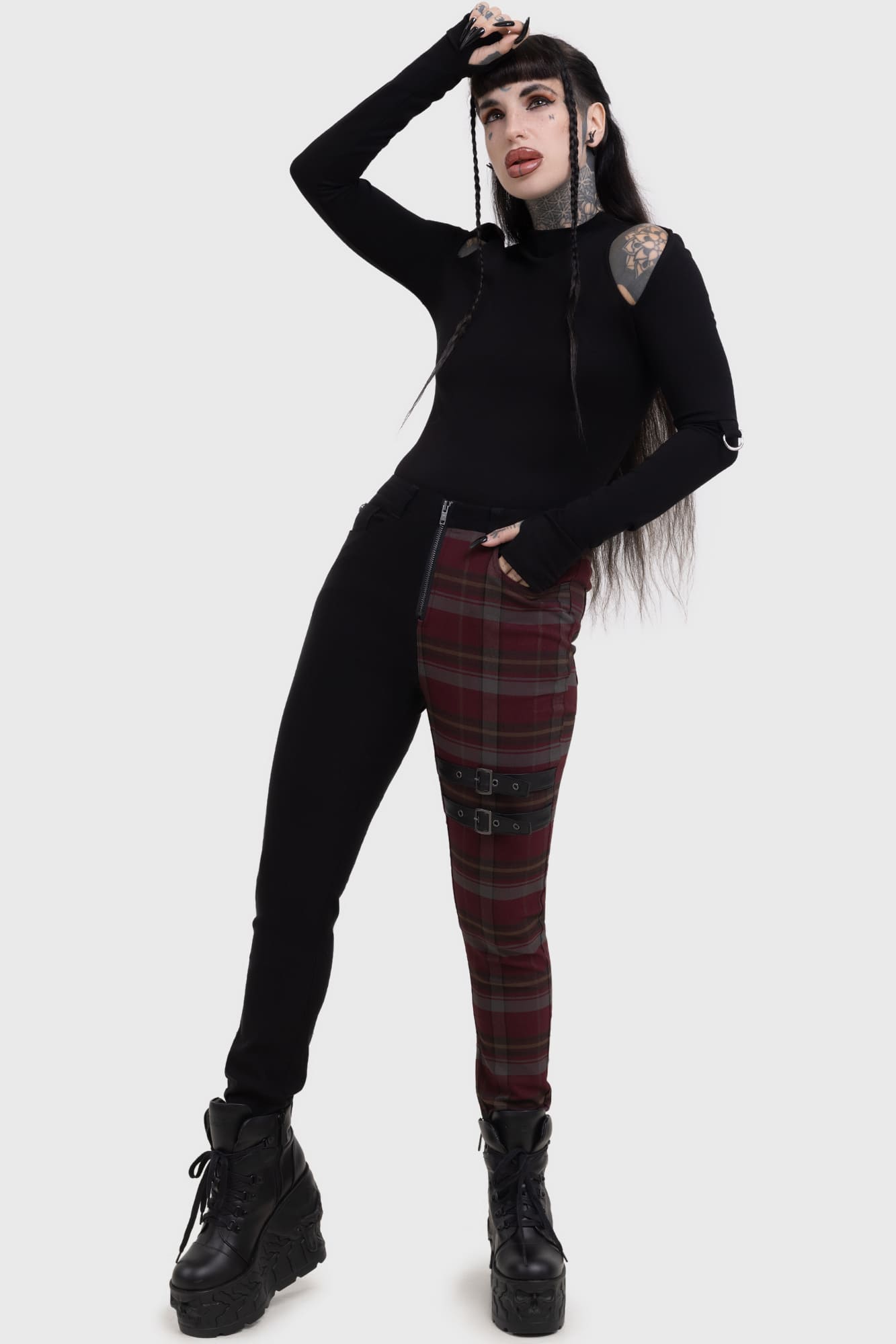 Killstar Sable Riot Check Print Trousers with PU Straps