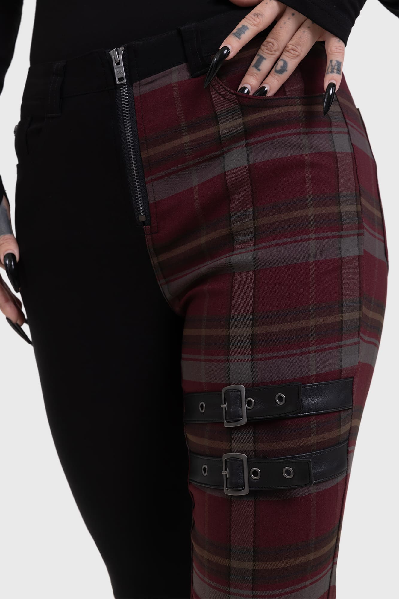 Killstar Sable Riot Check Print Trousers with PU Straps
