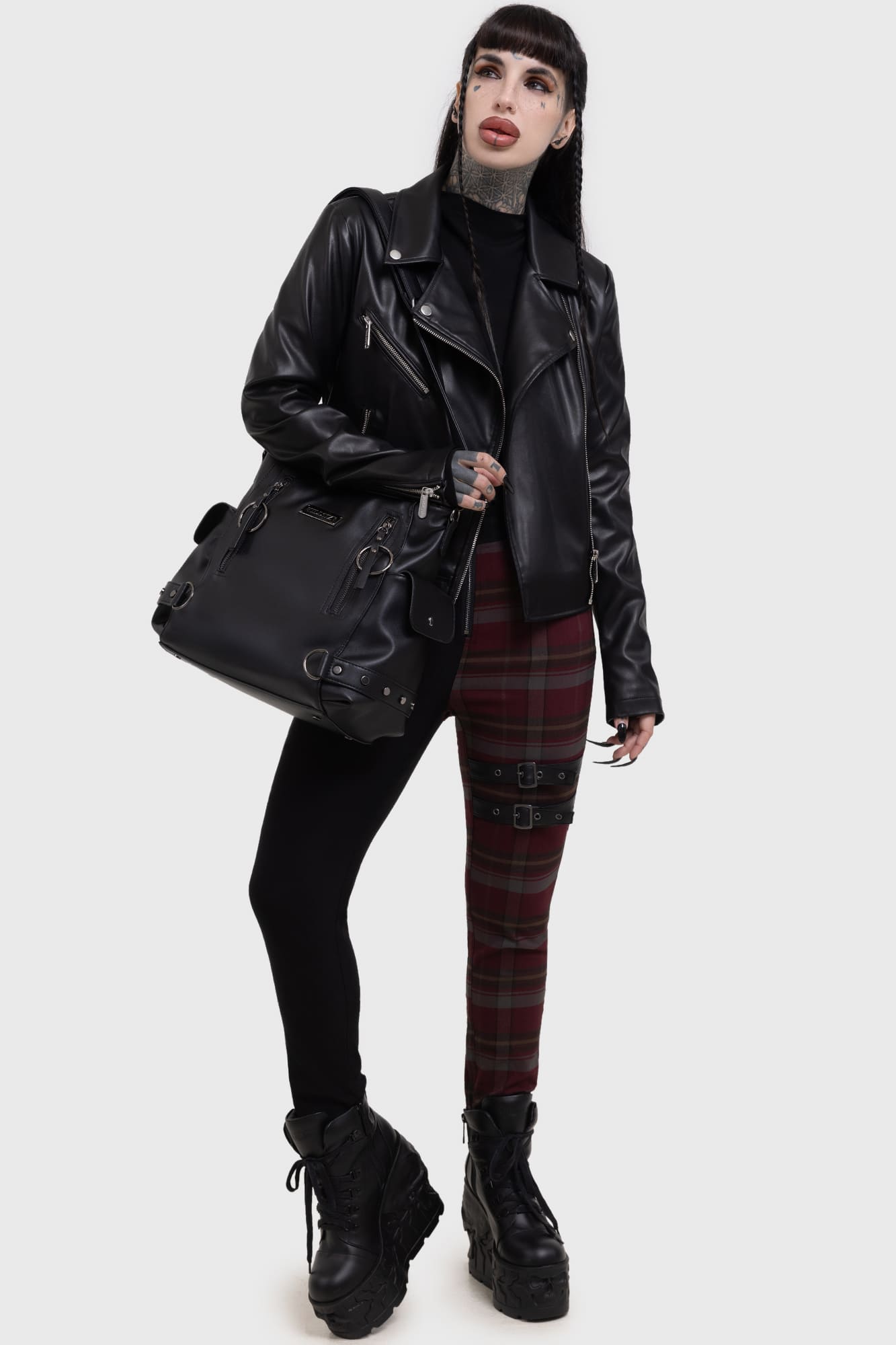 Killstar Sable Riot Check Print Trousers with PU Straps