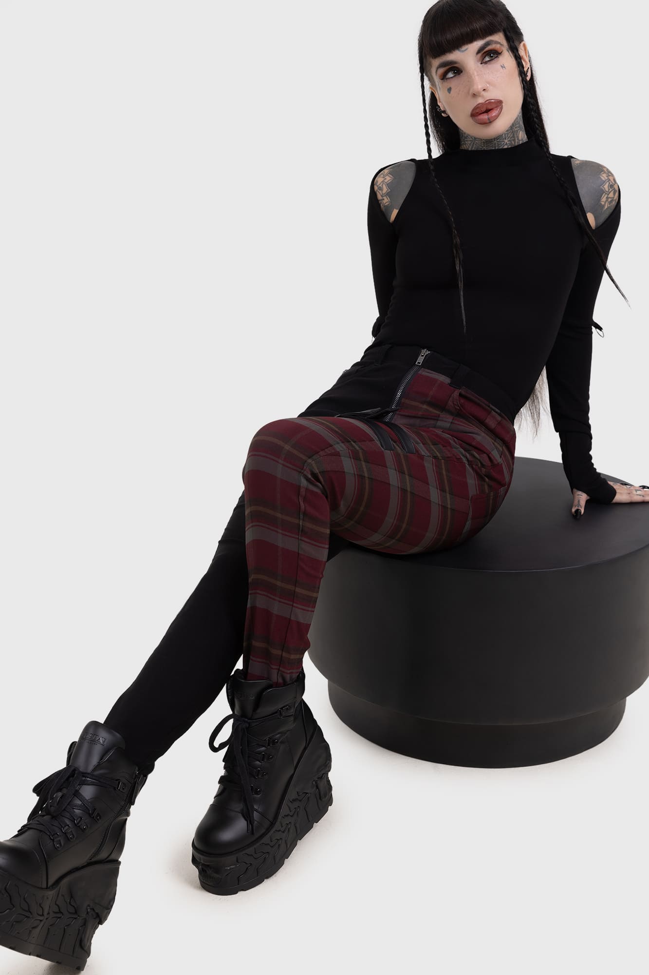 Killstar Sable Riot Check Print Trousers with PU Straps