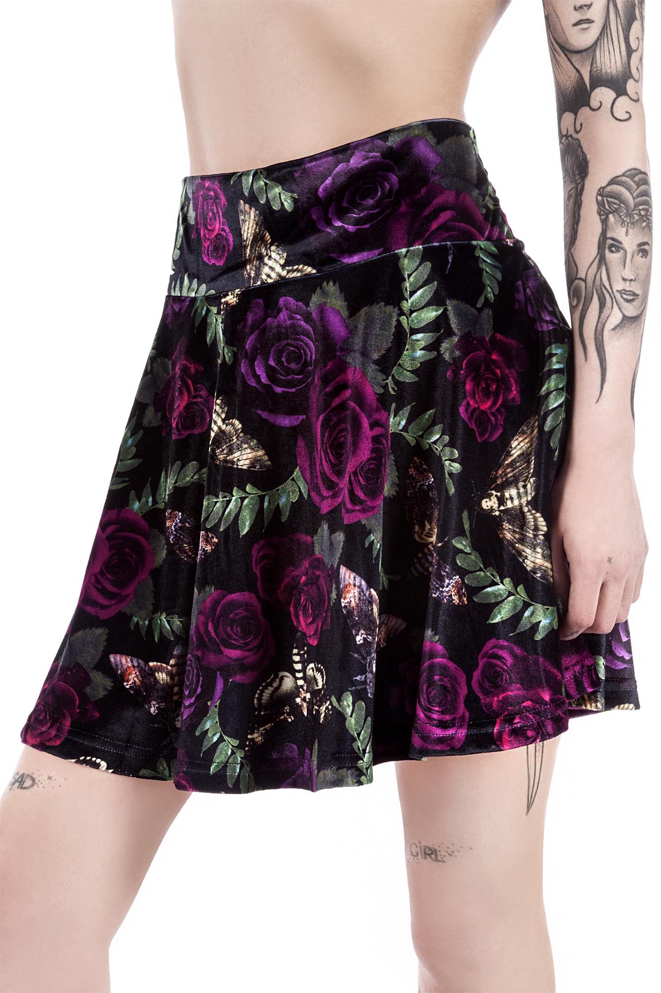 Killstar Sabrina Velvet Skater Skirt with Roses & Moth Print