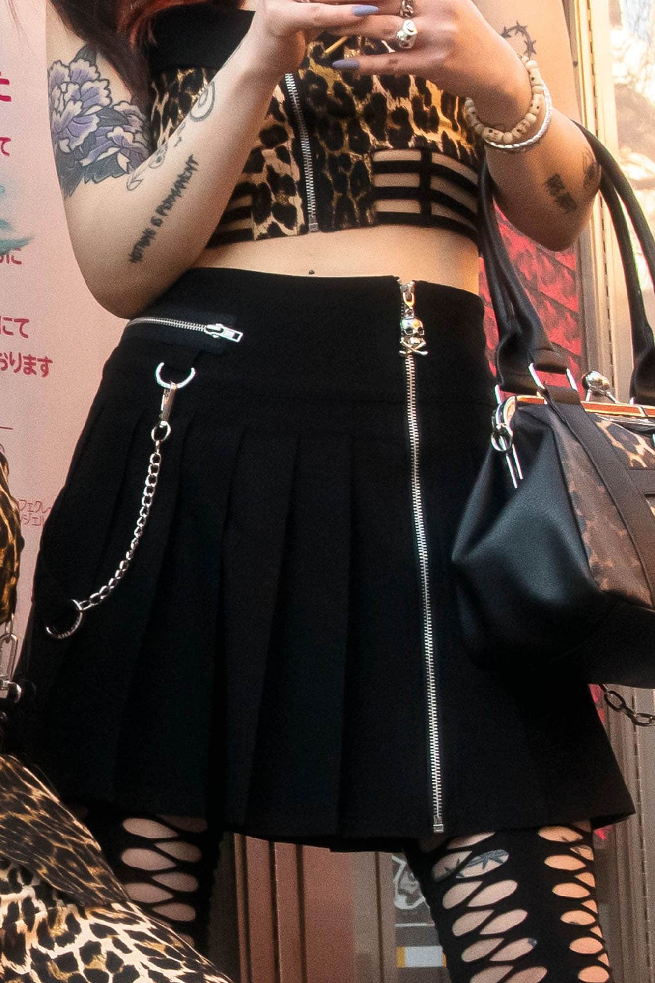 Killstar Savage Pleated Mini Skirt with Skull Zip & Chain Strap