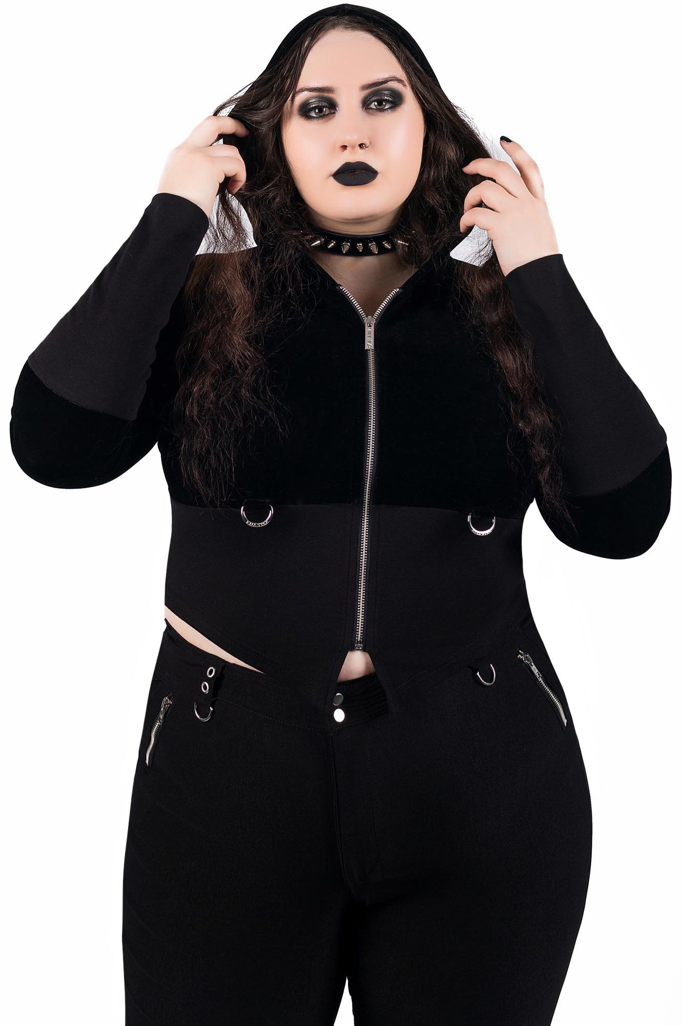 Killstar Shadow Shift Hooded Crop Top - Black Stretch Jersey