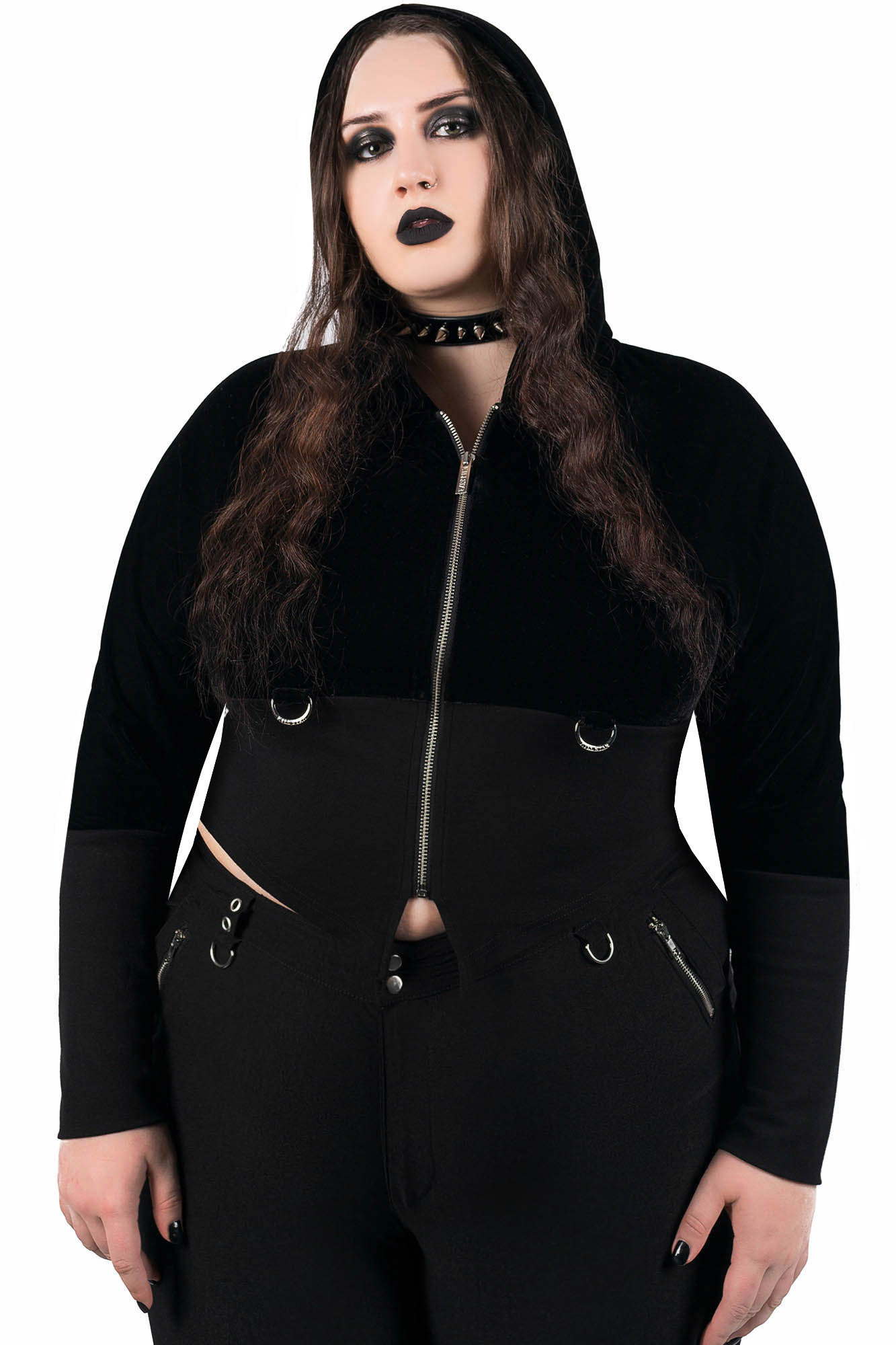 Killstar Shadow Shift Hooded Crop Top - Black Stretch Jersey