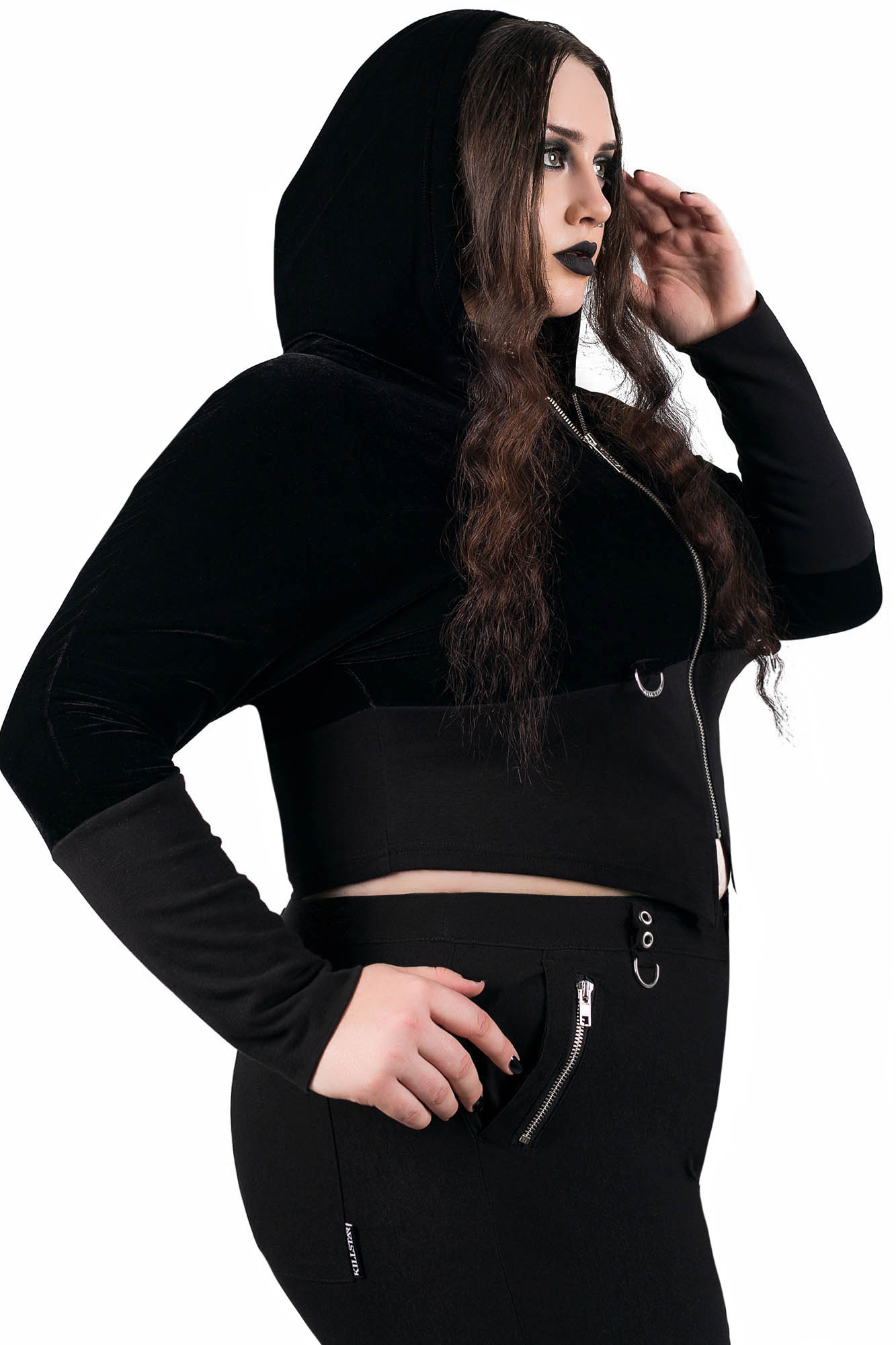 Killstar Shadow Shift Hooded Crop Top - Black Stretch Jersey