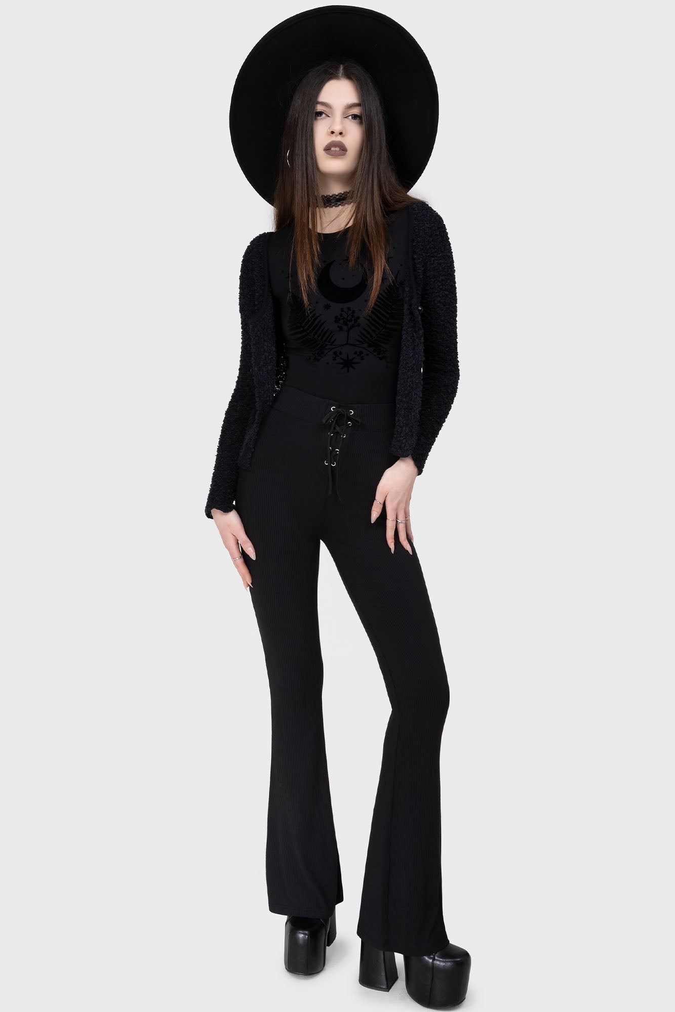 Killstar Slo-Burn Flared Bell Bottom Pants - Ribbed Jersey & Lace-Up