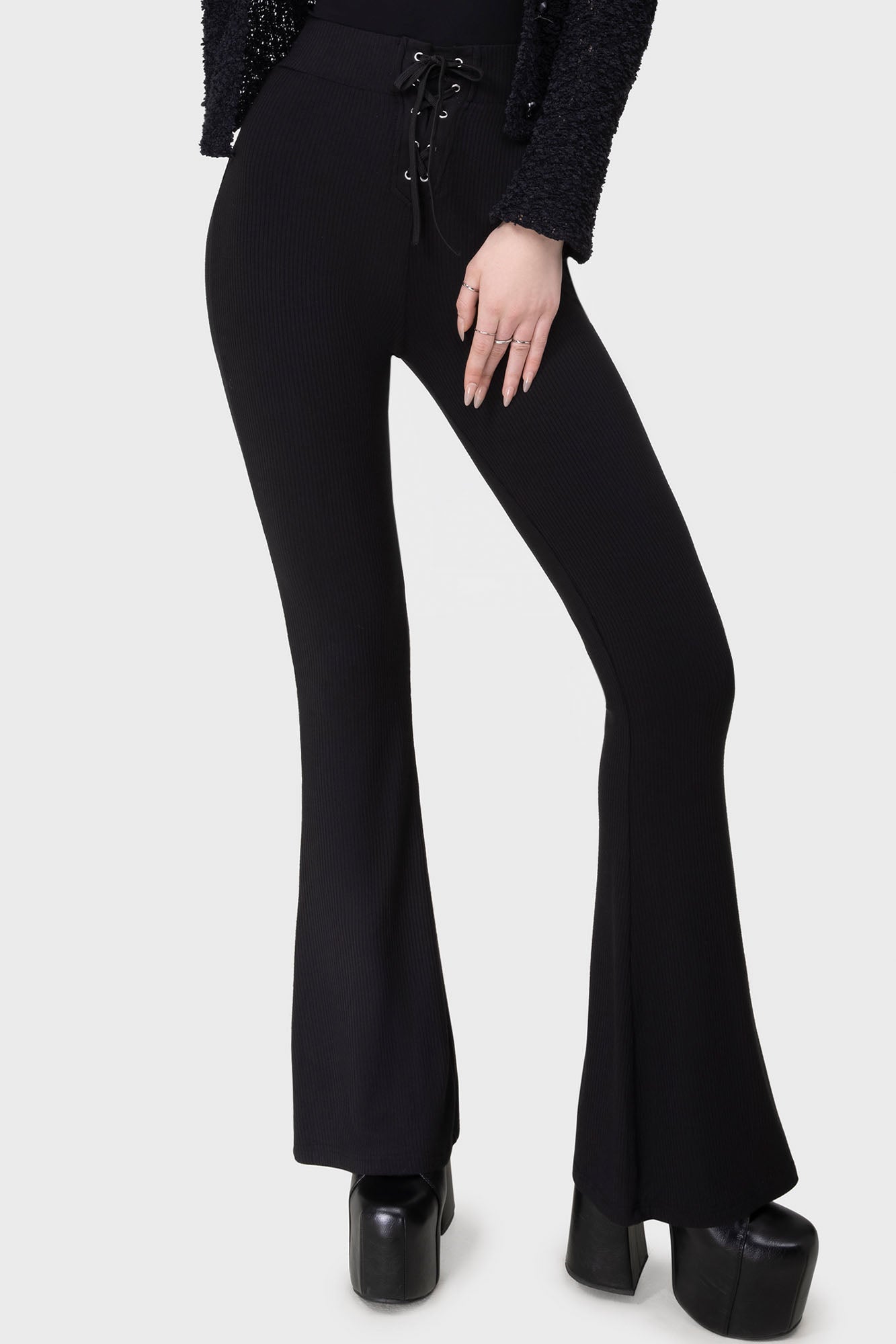Killstar Slo-Burn Flared Bell Bottom Pants - Ribbed Jersey & Lace-Up