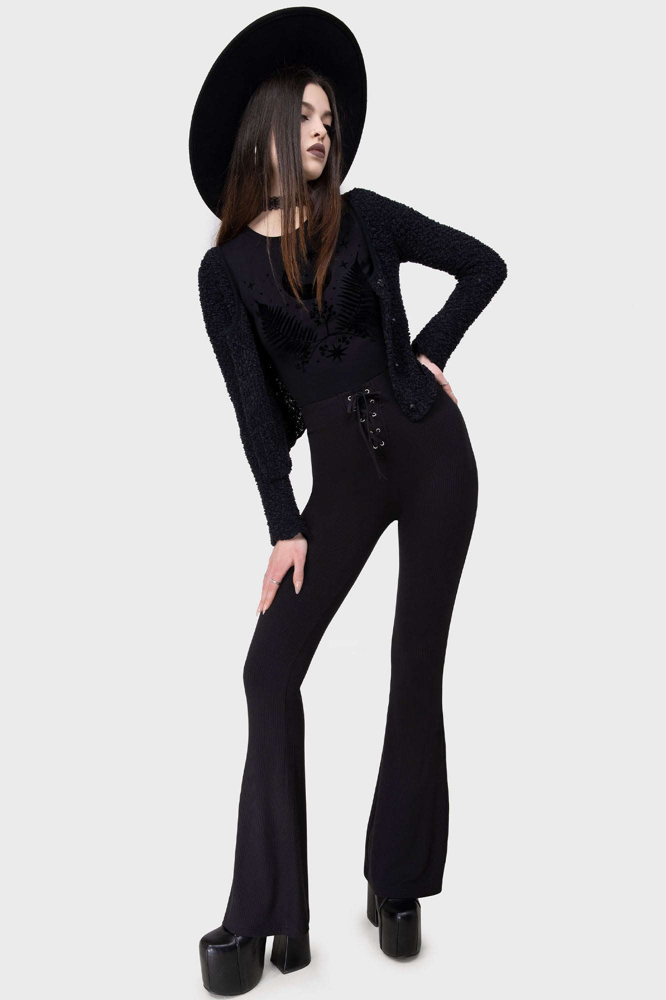 Killstar Slo-Burn Flared Bell Bottom Pants - Ribbed Jersey & Lace-Up