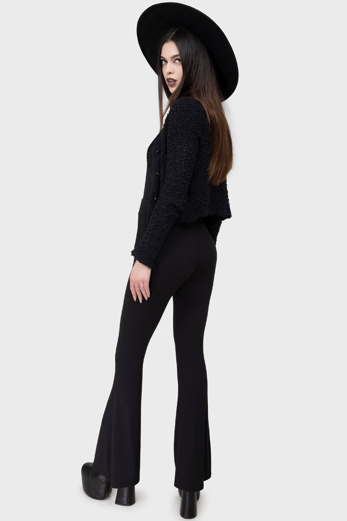 Killstar Slo-Burn Flared Bell Bottom Pants - Ribbed Jersey & Lace-Up
