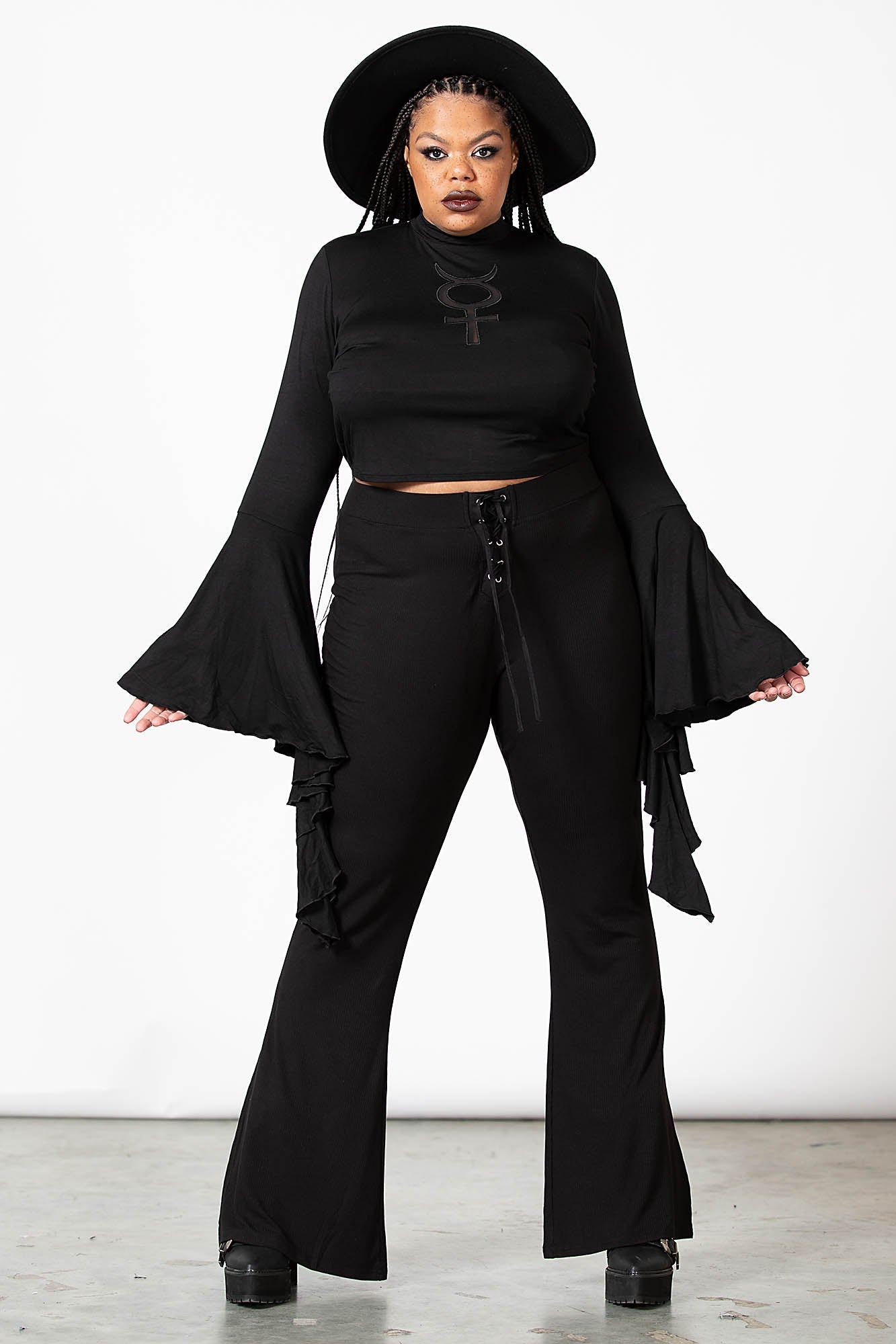 Killstar Slo-Burn Flared Bell Bottom Pants - Ribbed Jersey & Lace-Up