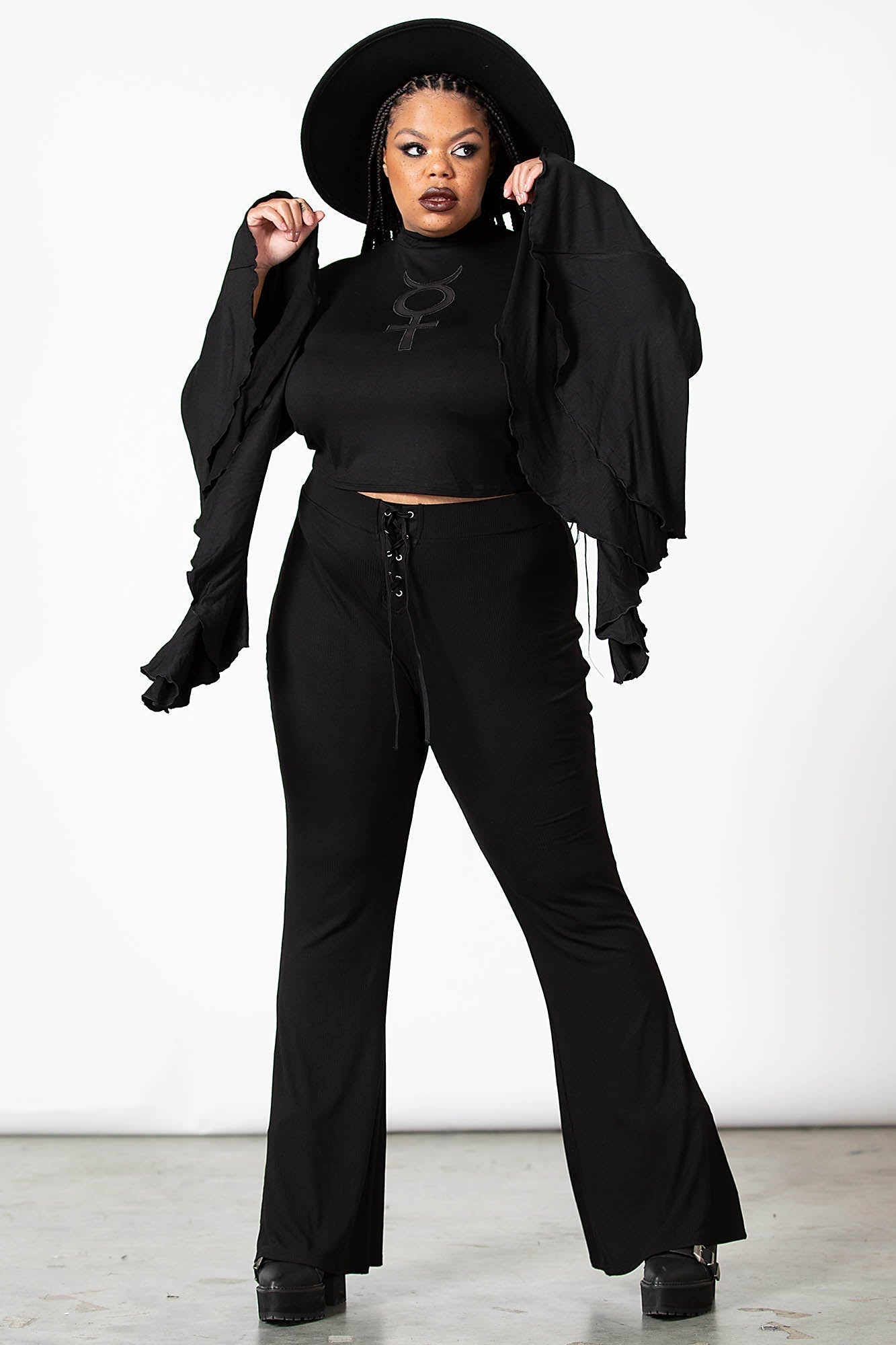 Killstar Slo-Burn Flared Bell Bottom Pants - Ribbed Jersey & Lace-Up