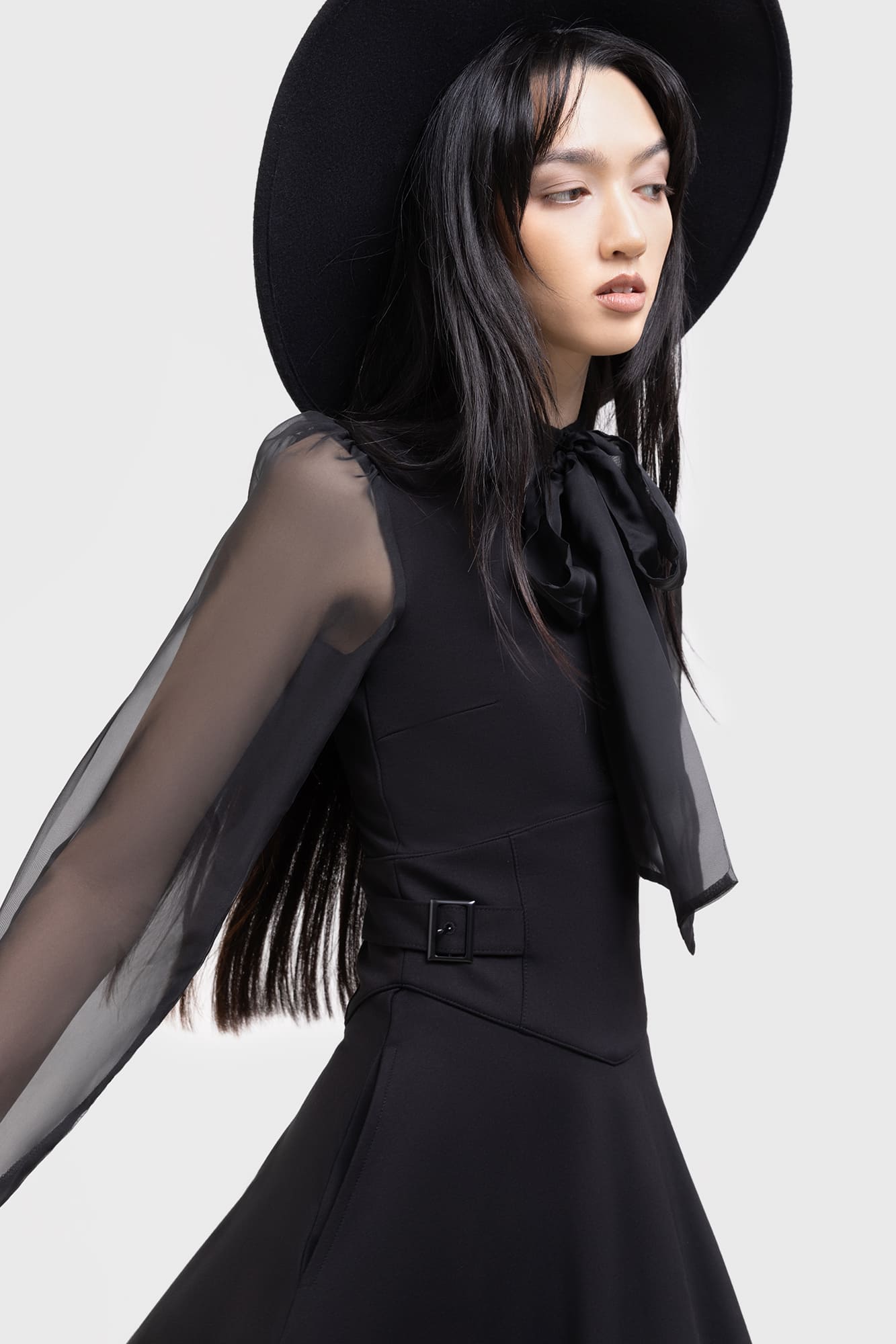 Kihilst Somber Shadow Mini Dress with Pockets & Neck Tie