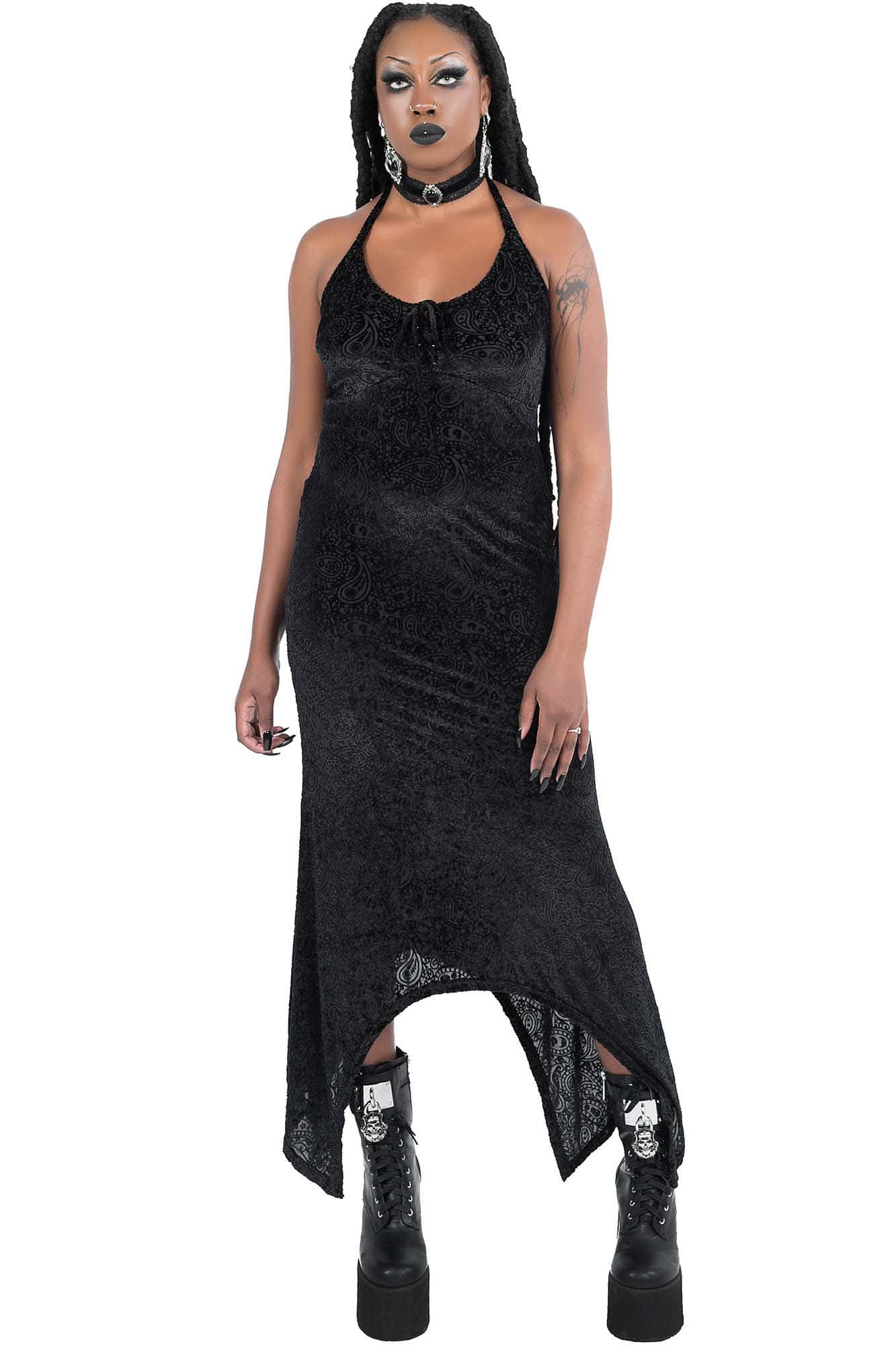 Killstar Starry Eyed Burnout Velvet Maxi Dress with Lace-Up Front