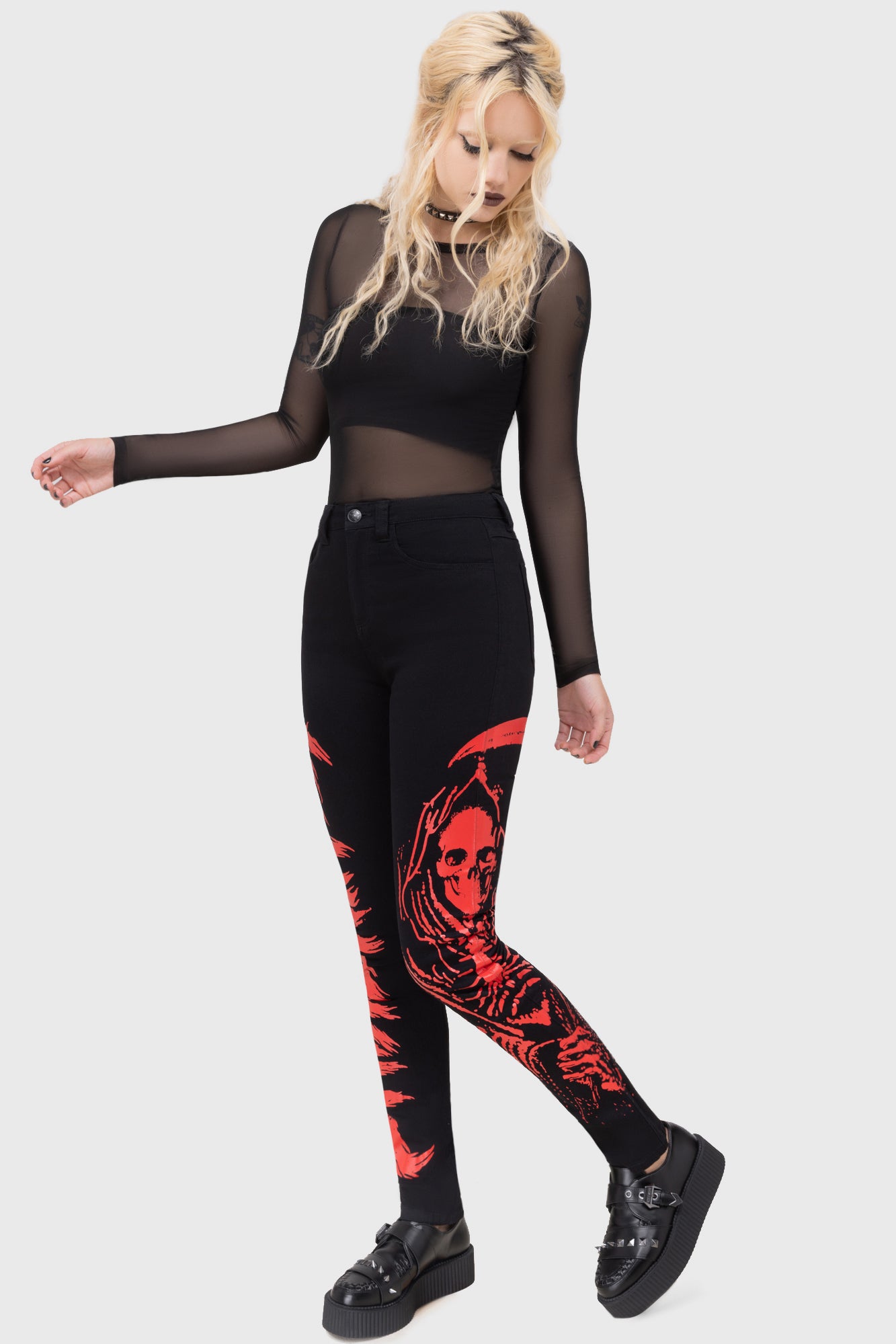 KILLSTAR Skinny Jeans for Women - Stretch Denim with Band Print