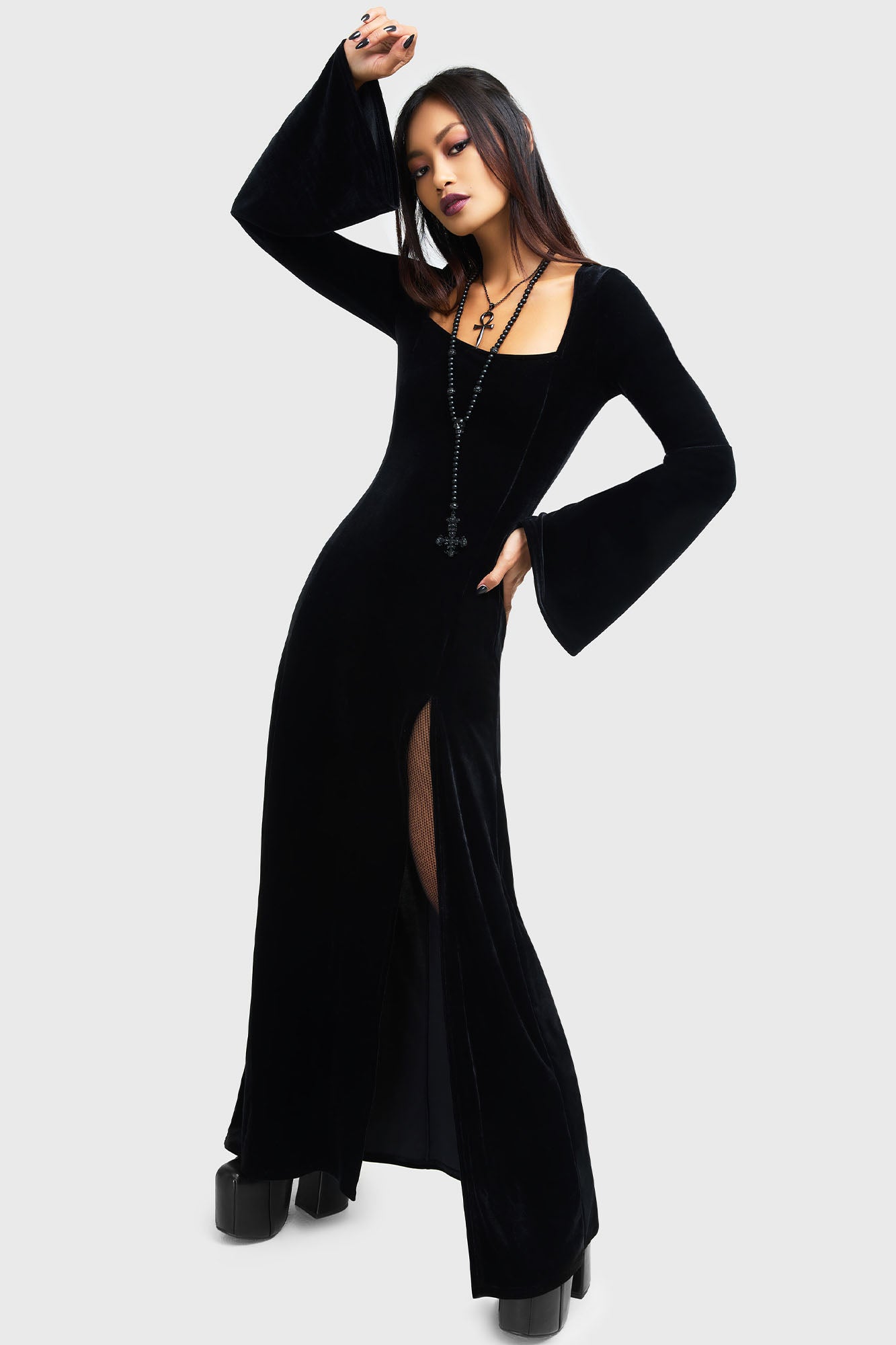 Morvessa Velvet Maxi Dress with Long Flared Sleeves