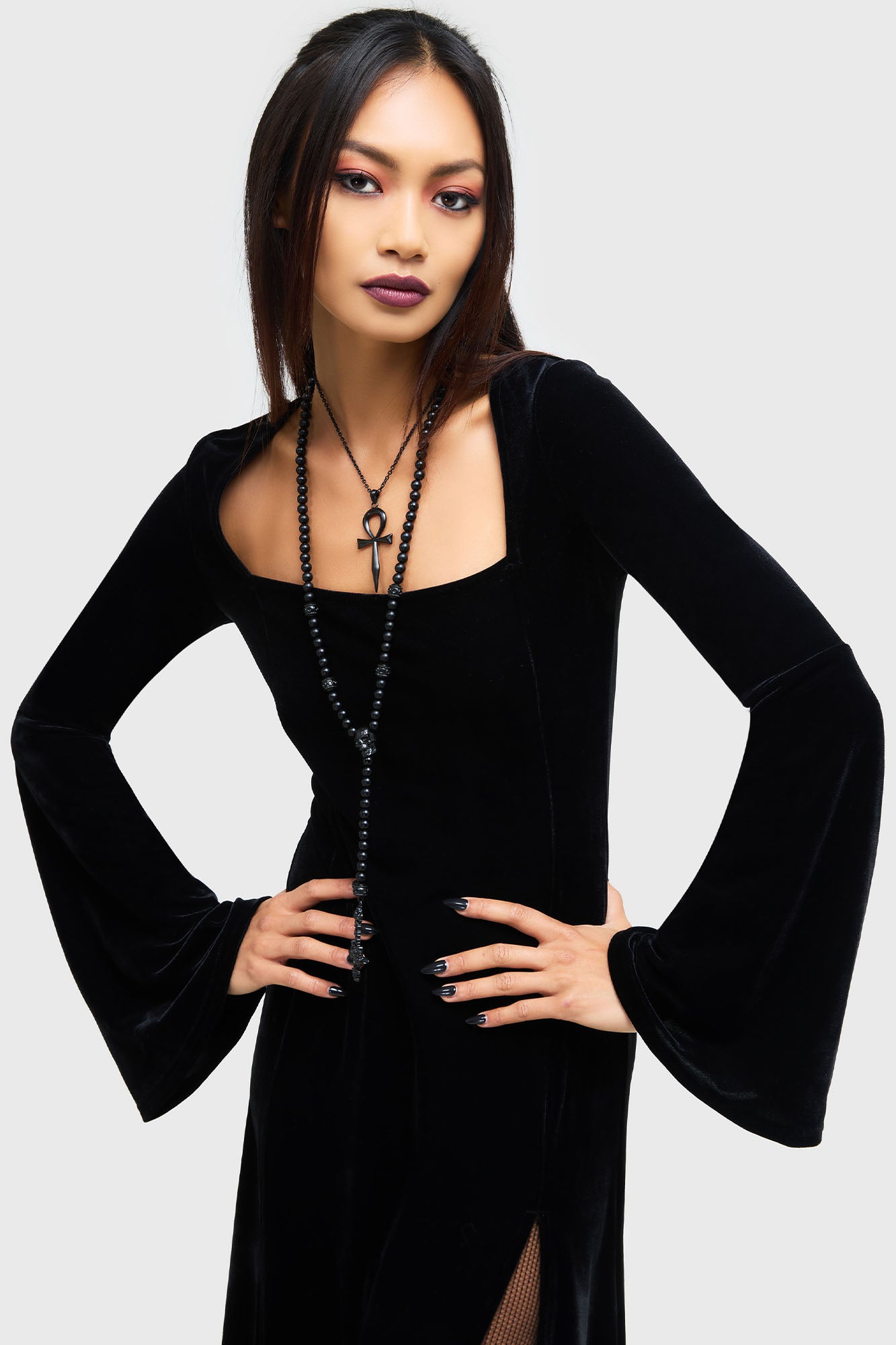 Morvessa Velvet Maxi Dress with Long Flared Sleeves