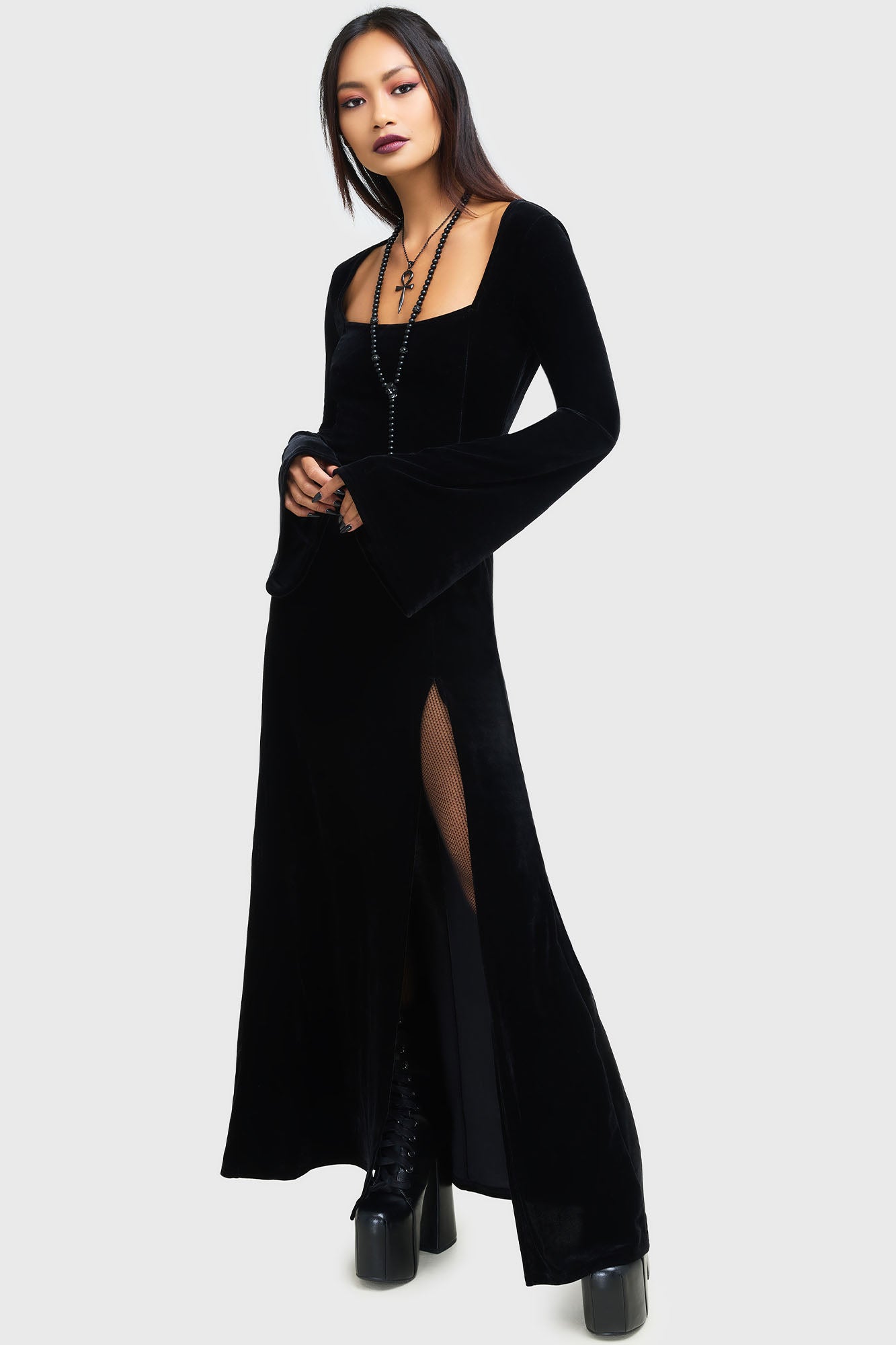 Morvessa Velvet Maxi Dress with Long Flared Sleeves