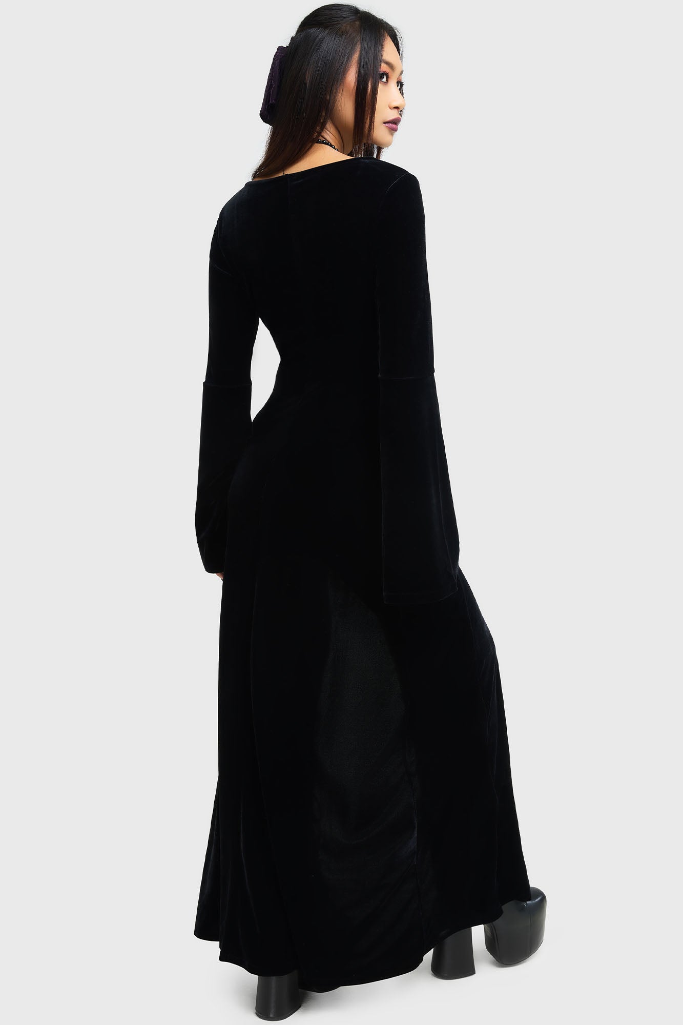 Morvessa Velvet Maxi Dress with Long Flared Sleeves