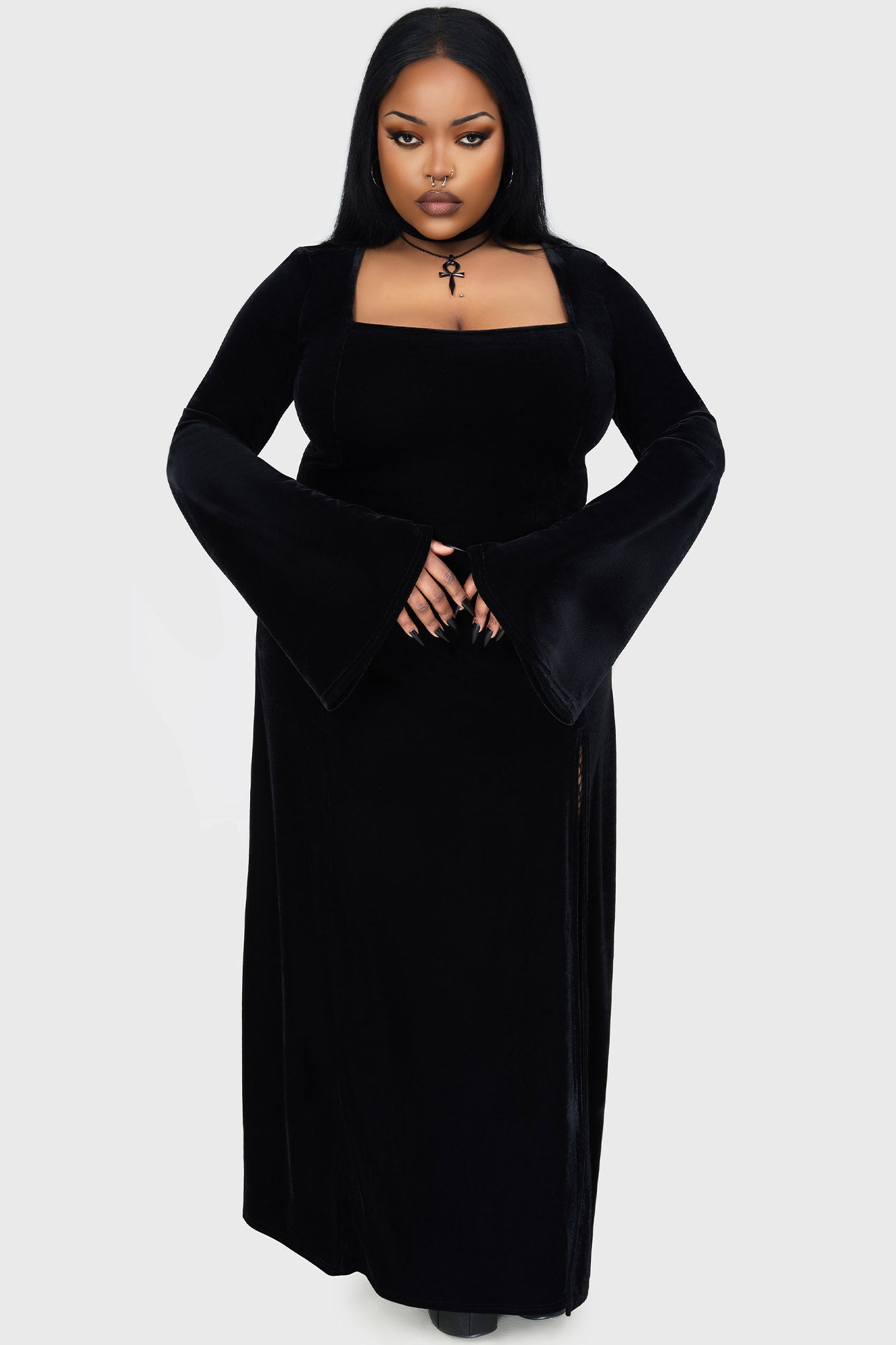 Morvessa Velvet Maxi Dress with Long Flared Sleeves