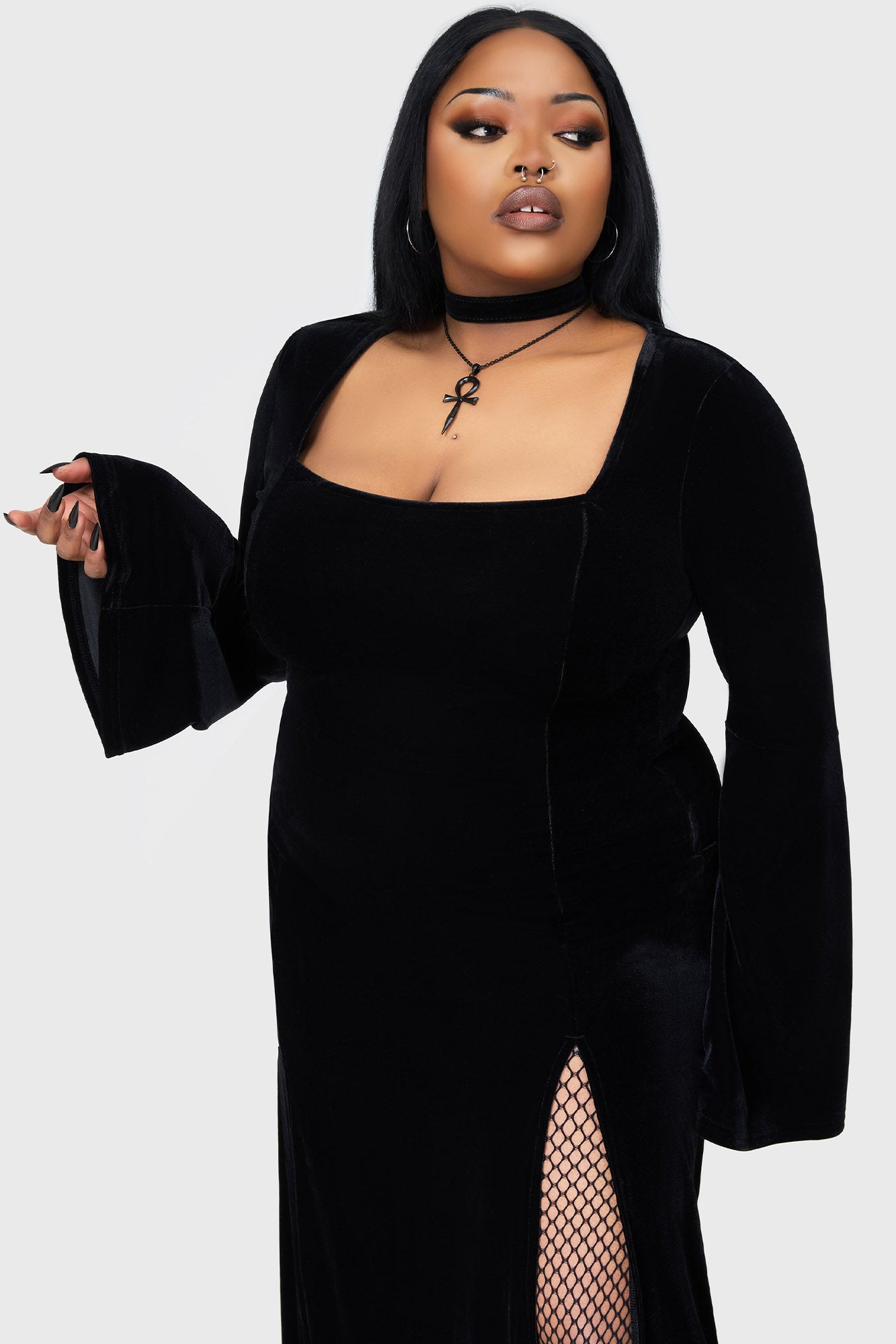 Morvessa Velvet Maxi Dress with Long Flared Sleeves