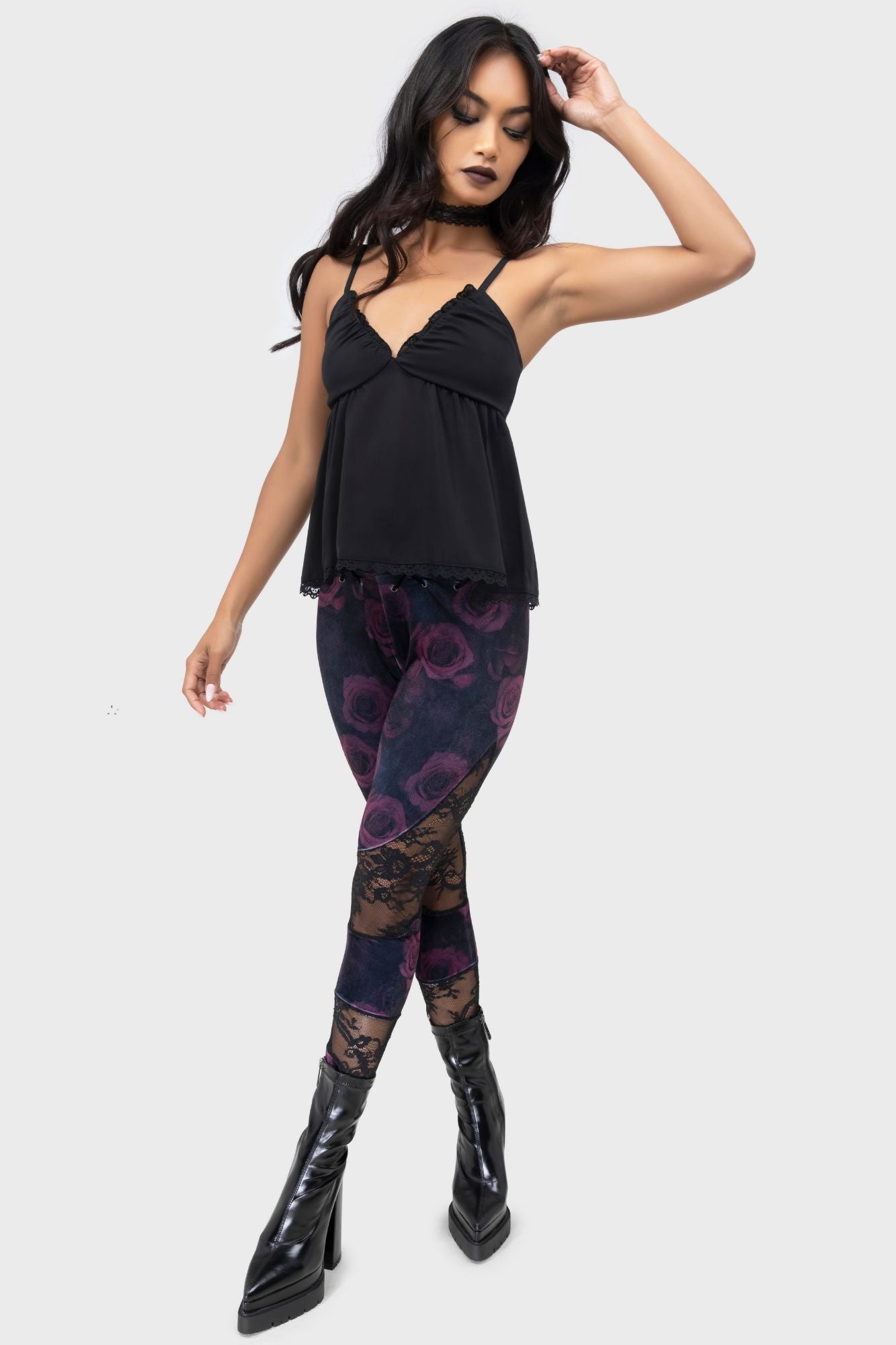 Killstar Twilight Rose Velvet Leggings with Floral Lace