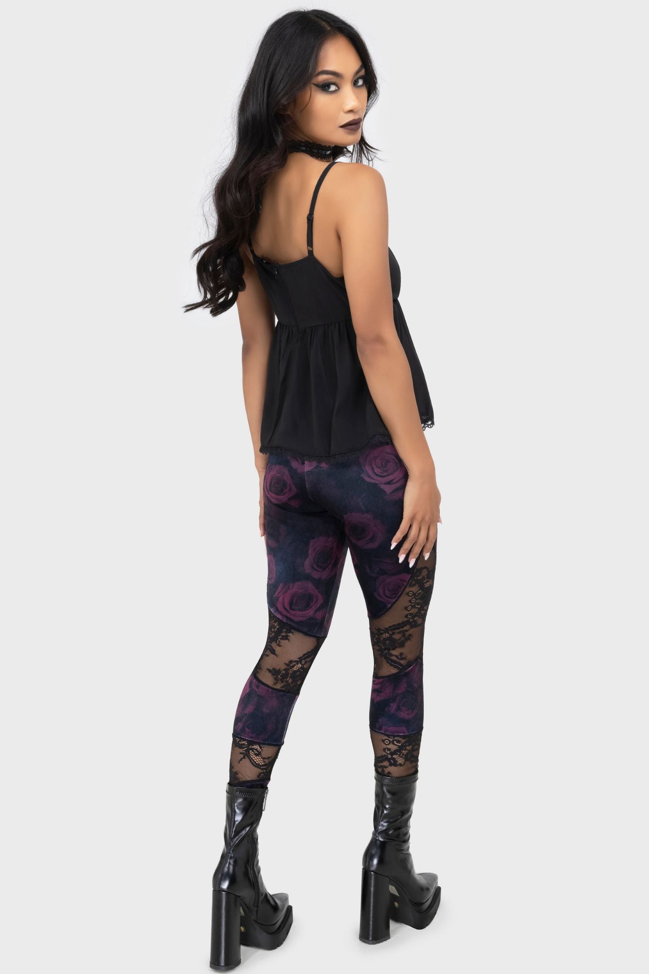 Killstar Twilight Rose Velvet Leggings with Floral Lace
