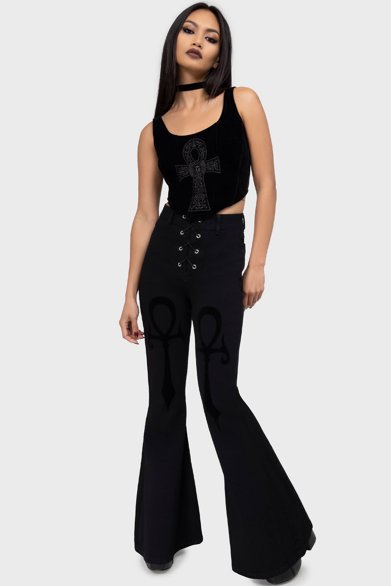 Killstar Umbral Lock Flare Jeans with Velvet Ankh Detail
