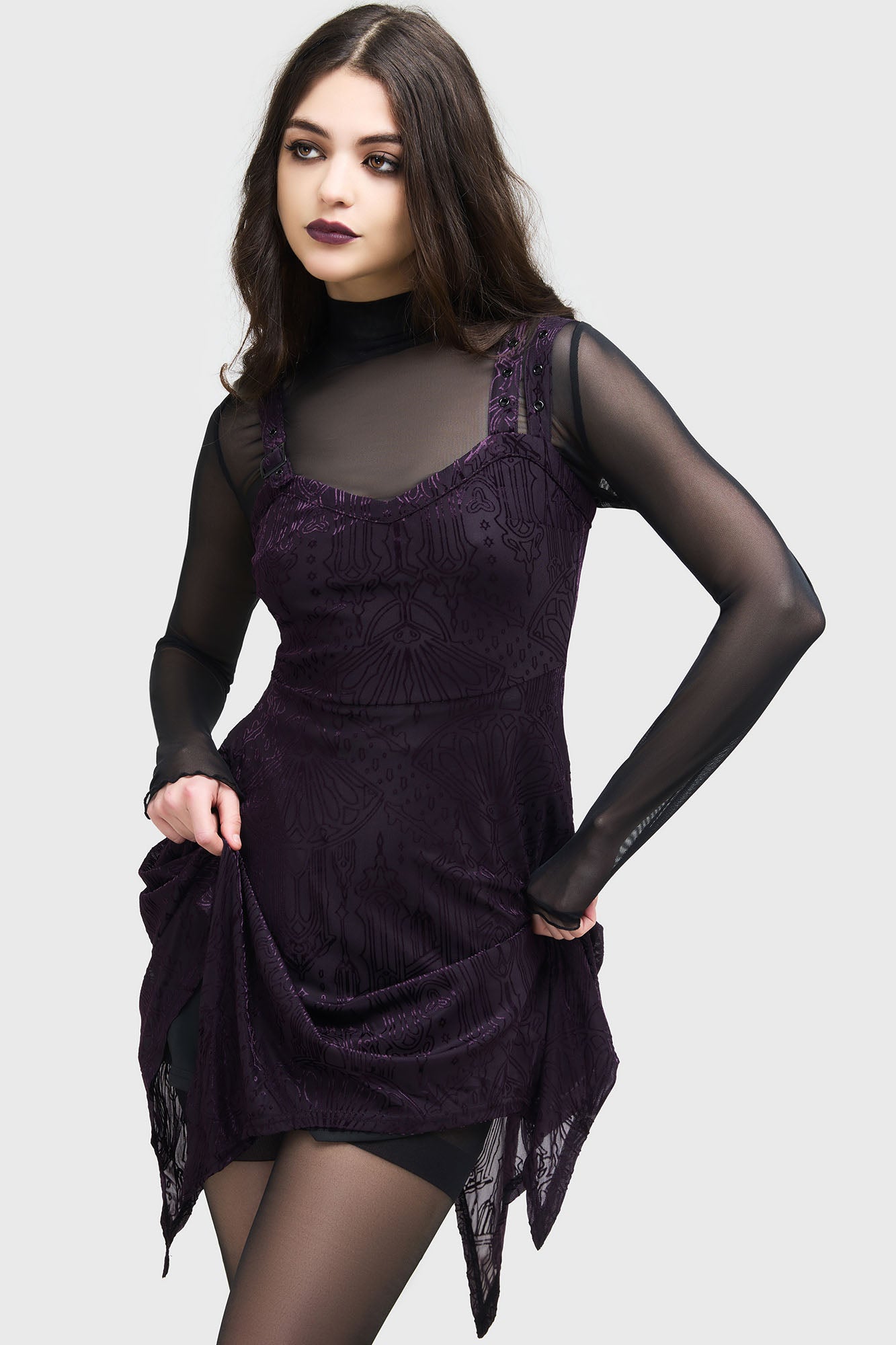 Killstar Valrithia Velvet Mini Dress with Cathedral Print