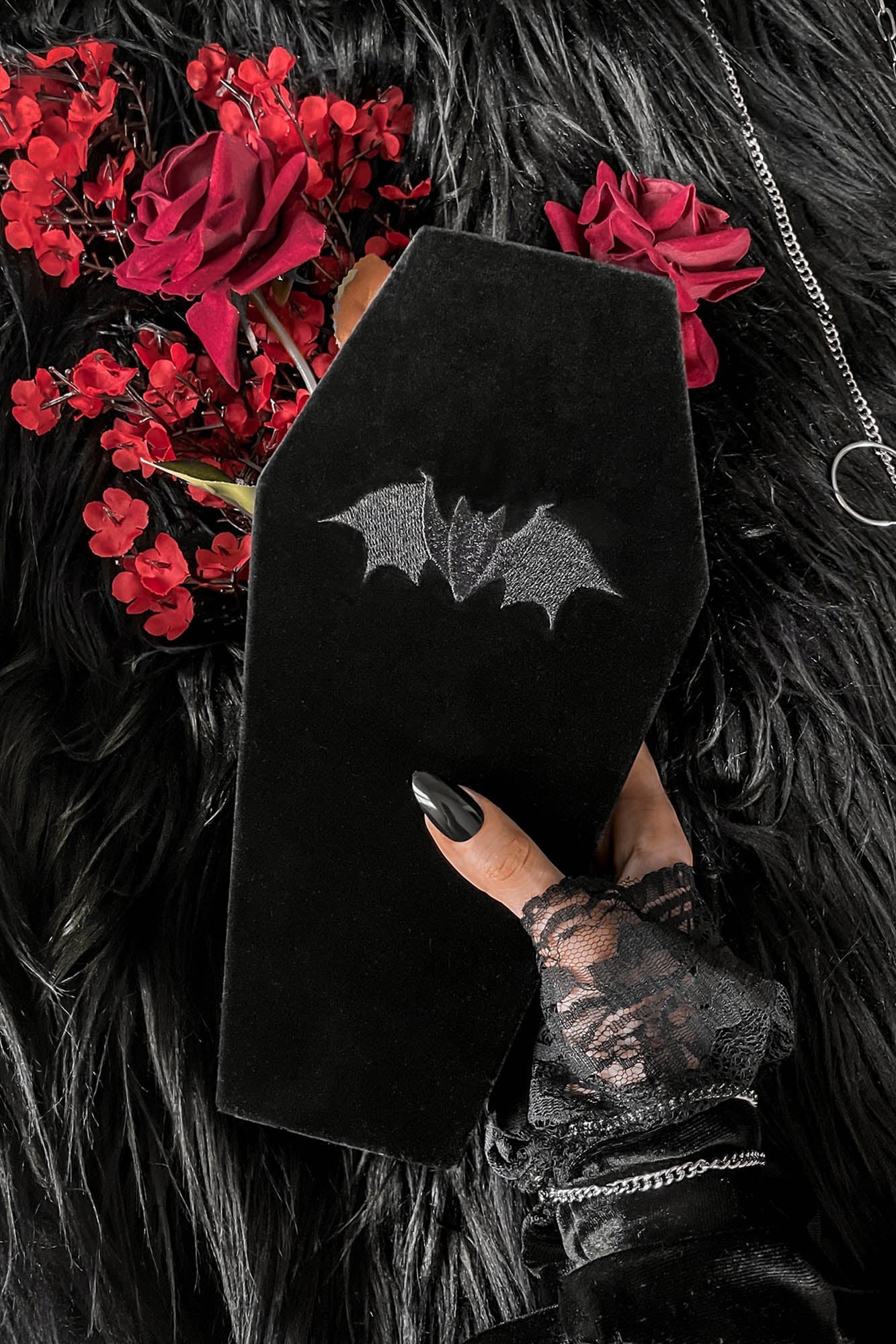 Gothic Velvet Coffin Jewelry Box by Killstar with Bat Decal