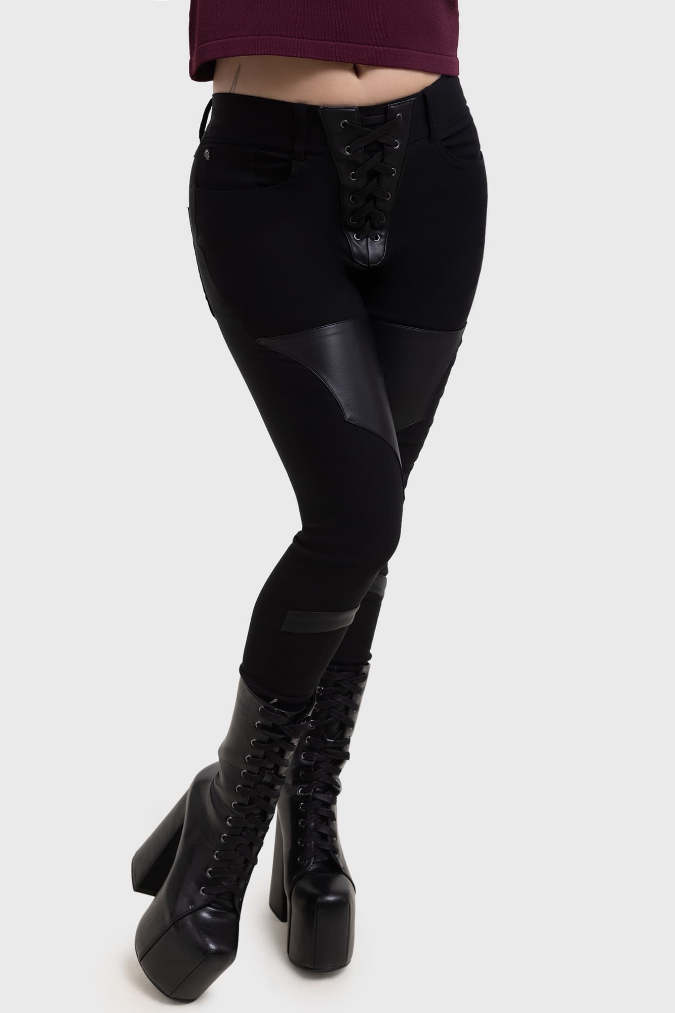 Killstar Vesper Veil Skinny Trousers with PU Patches & Lace-Up Detail