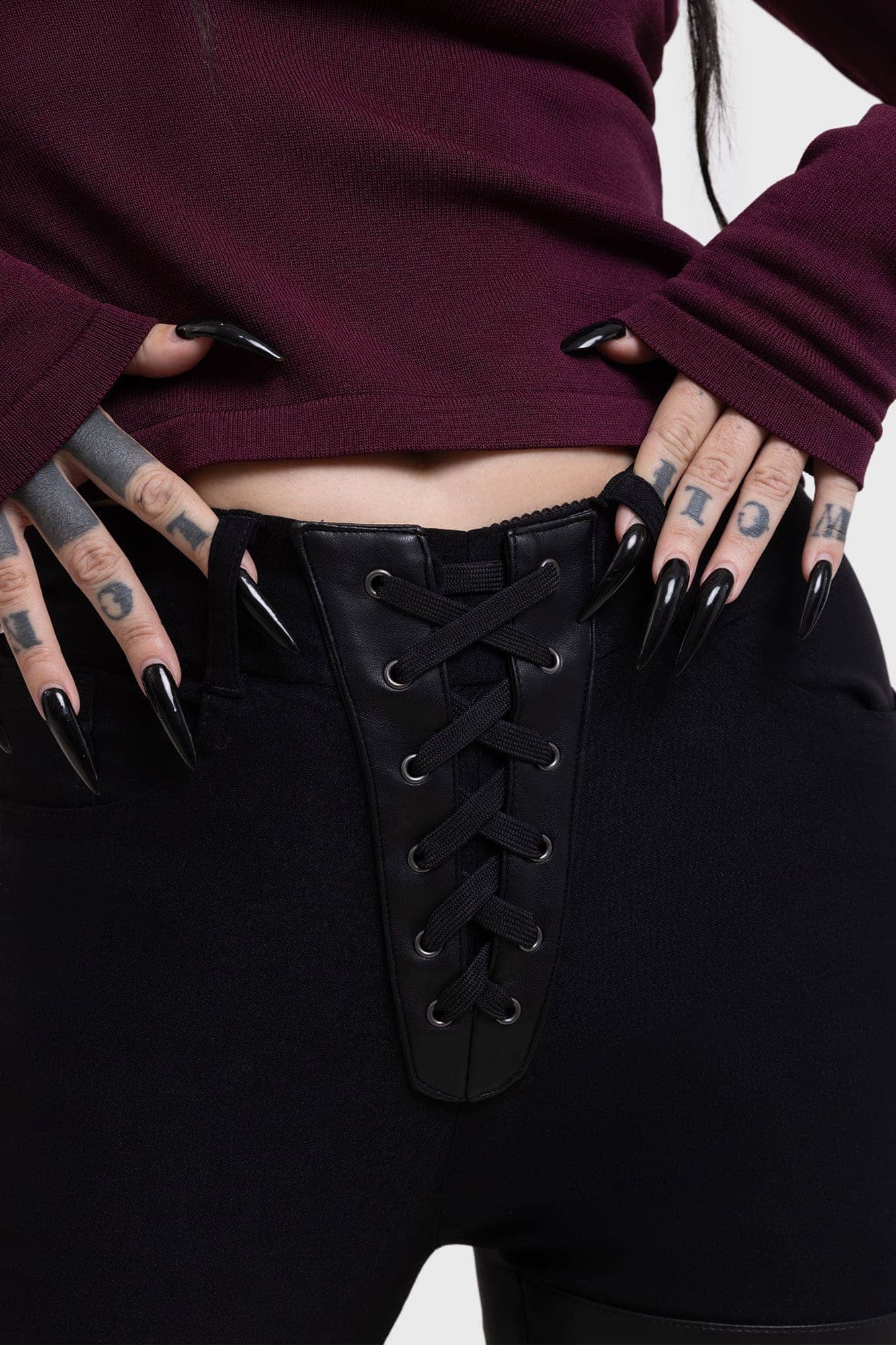 Killstar Vesper Veil Skinny Trousers with PU Patches & Lace-Up Detail