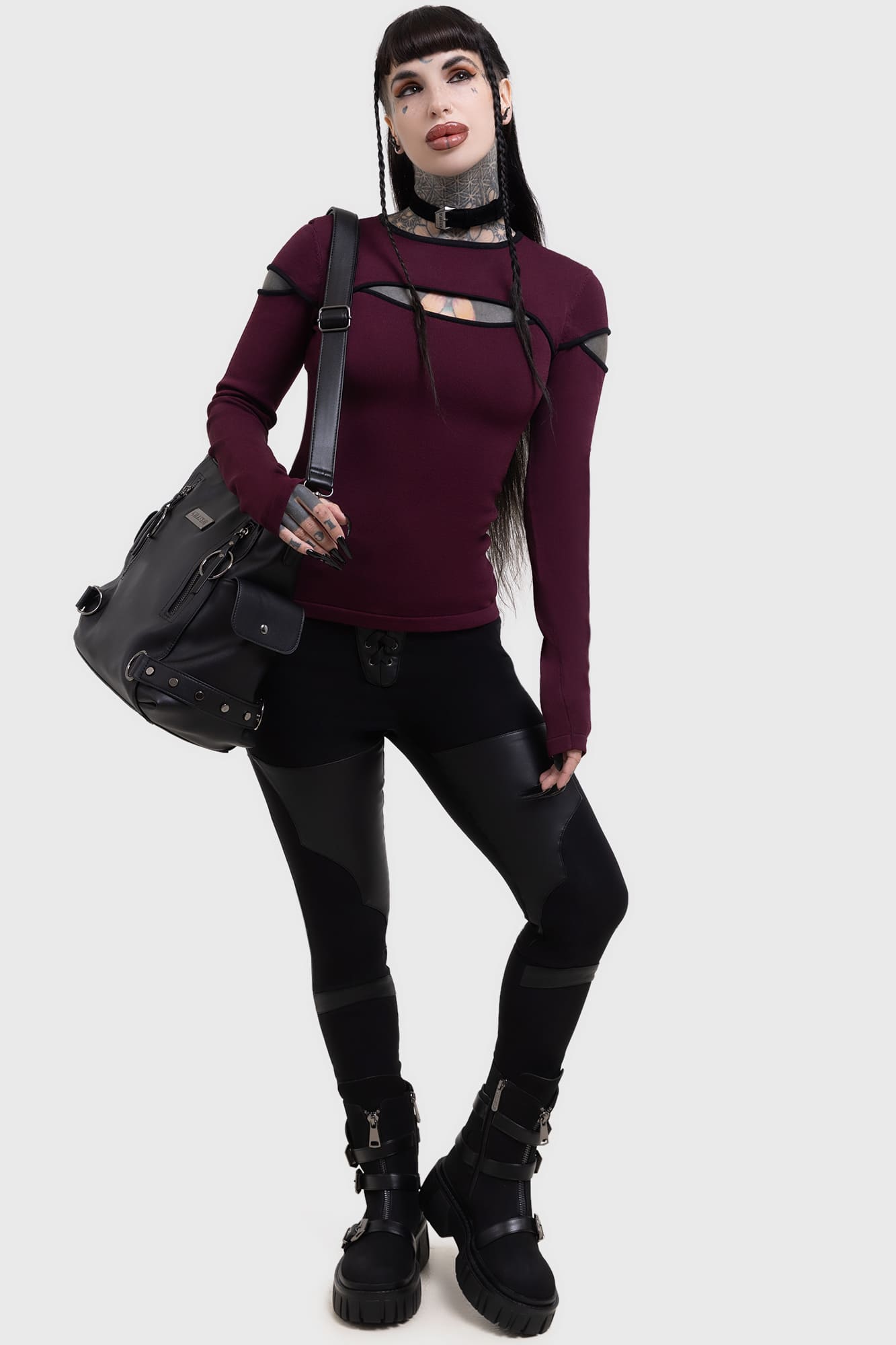 Killstar Vesper Veil Skinny Trousers with PU Patches & Lace-Up Detail