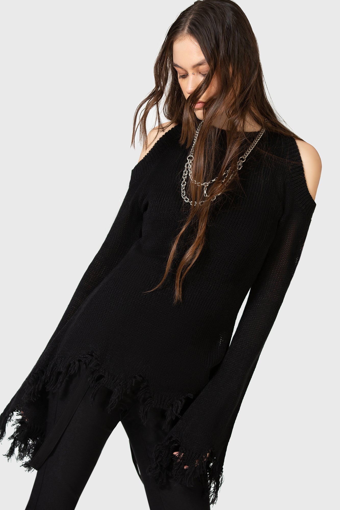 KIHILIST Distressed Cold Shoulder Knit Sweater - Soft Stretch Crew Neck
