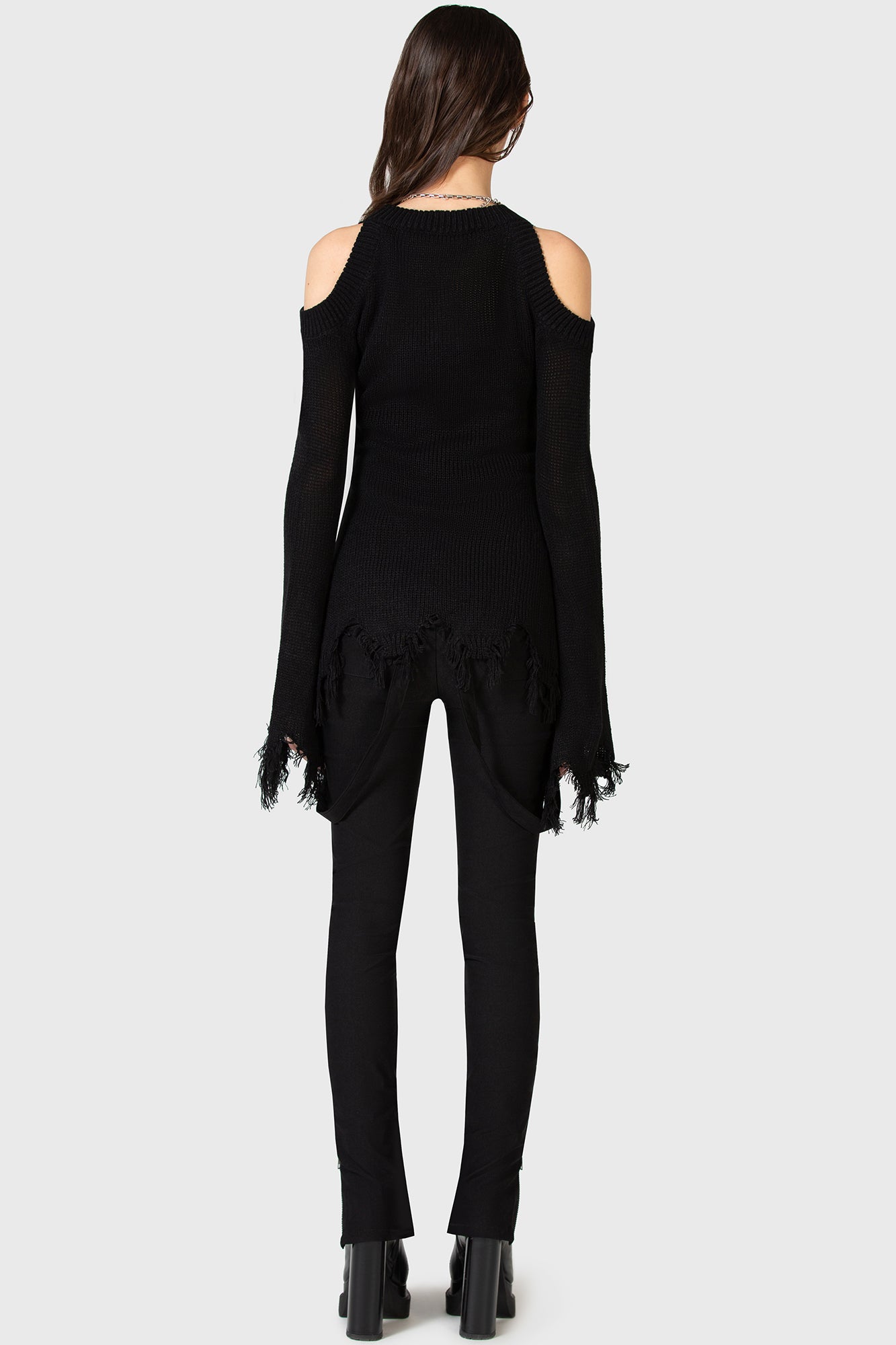 KIHILIST Distressed Cold Shoulder Knit Sweater - Soft Stretch Crew Neck