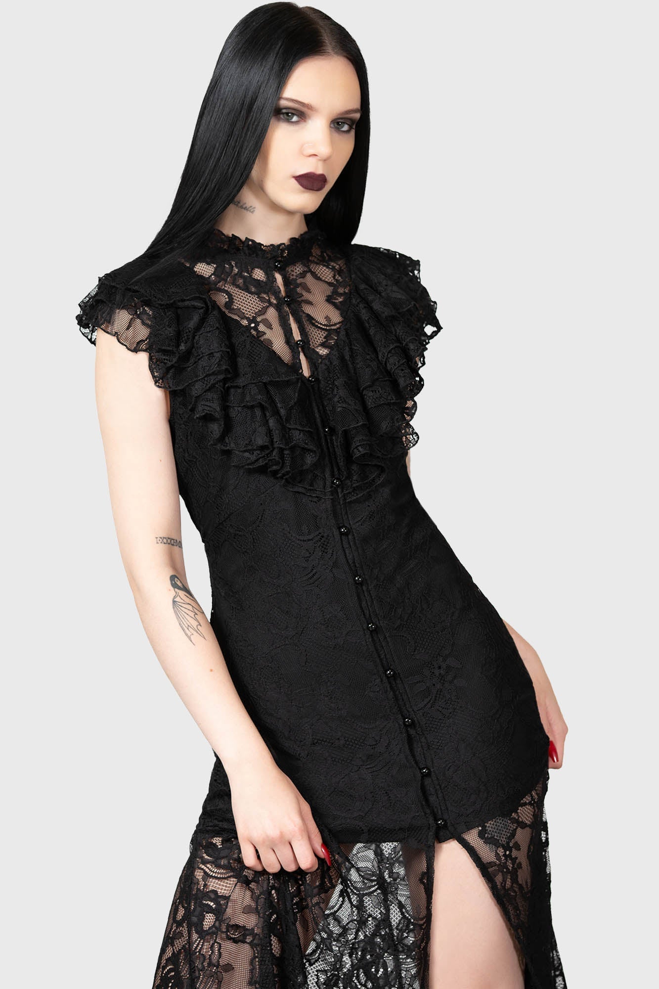 Killstar Vampire's Ball Lace Maxi Dress with Ruffled Front