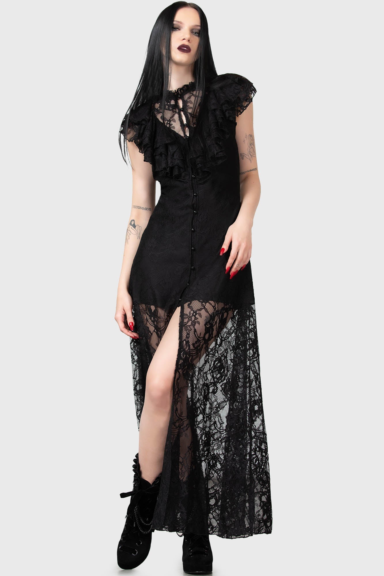 Killstar Vampire's Ball Lace Maxi Dress with Ruffled Front