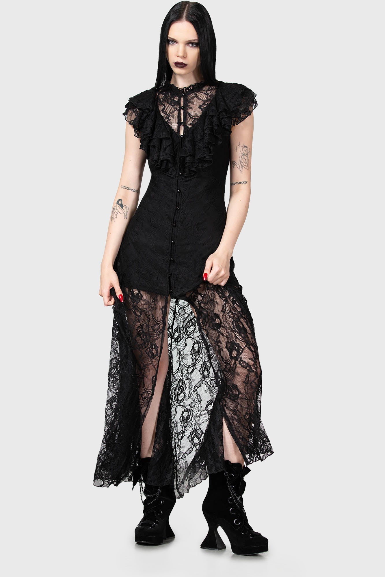 Killstar Vampire's Ball Lace Maxi Dress with Ruffled Front