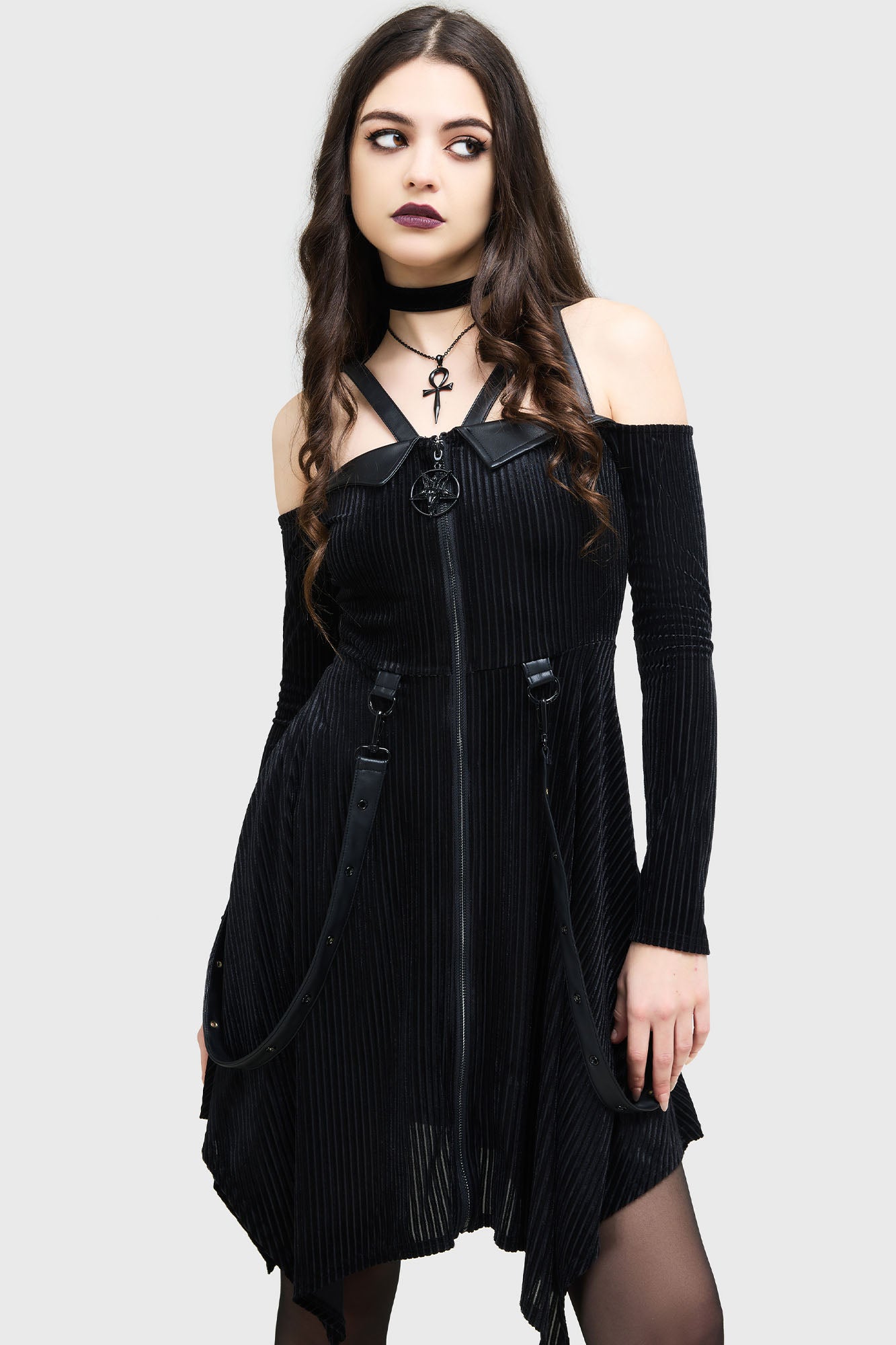 Killstar Zelphoria Velvet Mini Dress with PU Straps